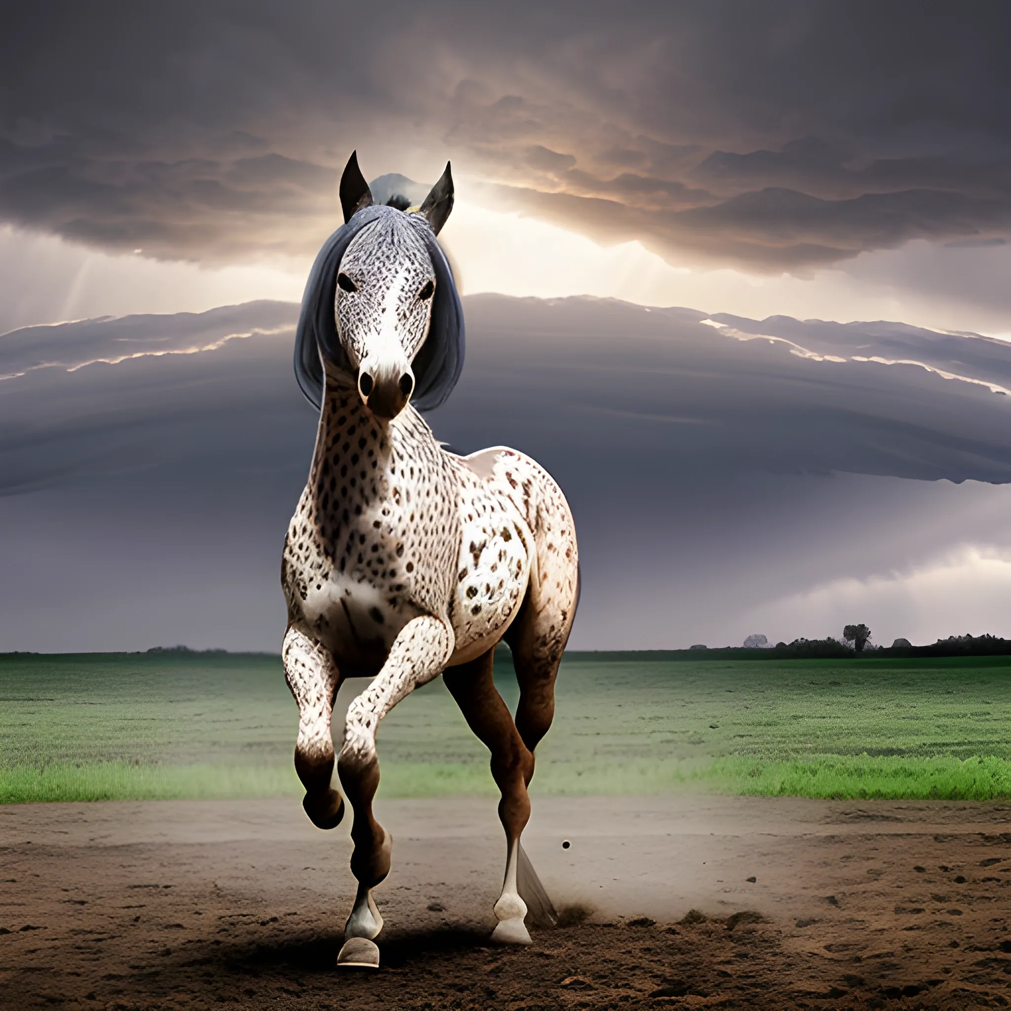 An Appaloosa stallion is bucking, in the background is a storm ethereal western horizon, ultra high definition quality