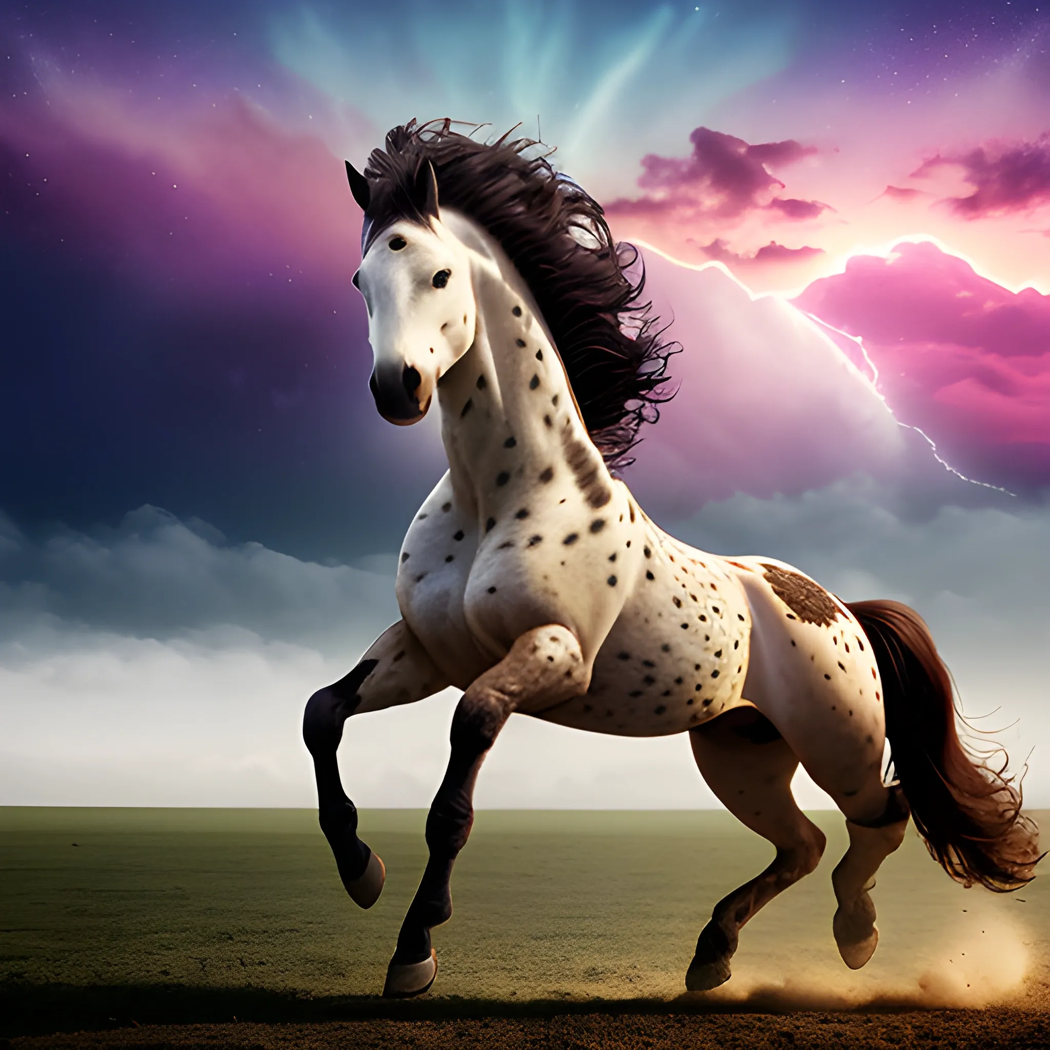 A spotted stallion is bucking, the background horizon  has an ethereal cosmic storm, ultra high definition quality