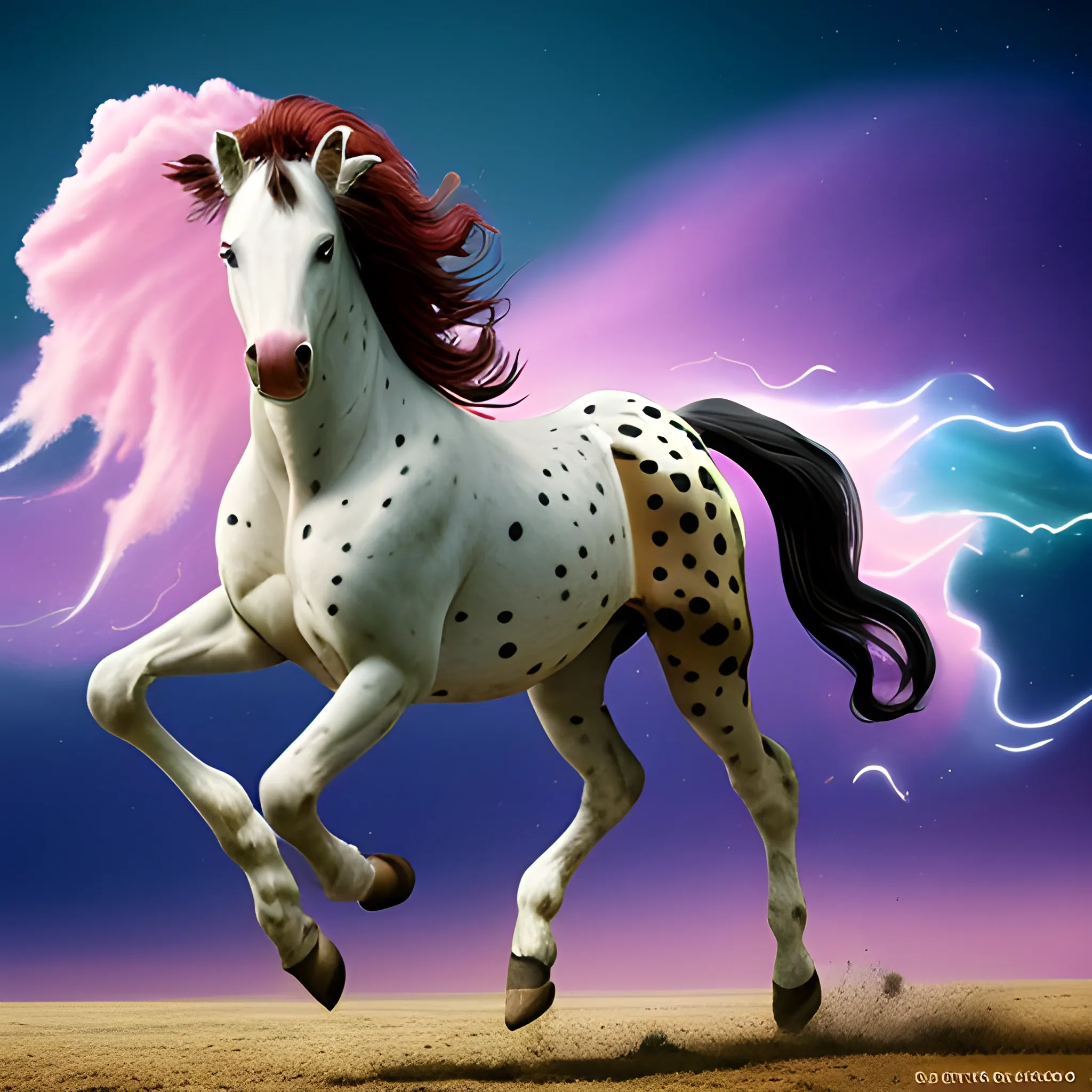 A spotted stallion is bucking, the background horizon  has an ethereal cosmic storm, ultra high definition quality, Cartoon