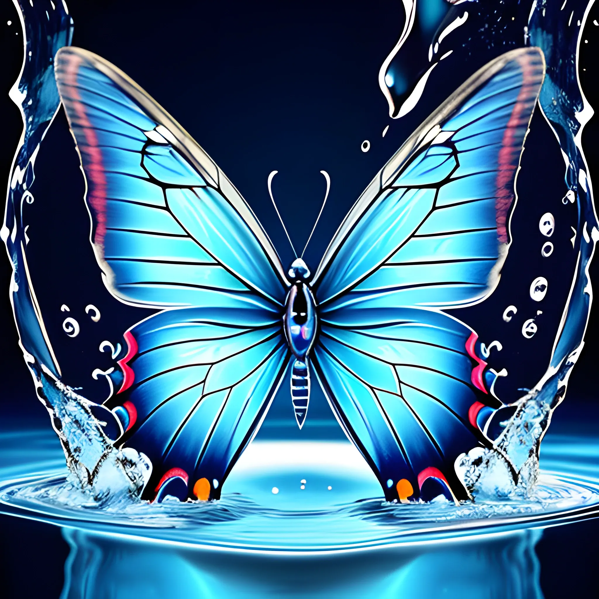 Beautiful butterfly with water splashes, high detail, blue scene, hauntingly beautiful illustration