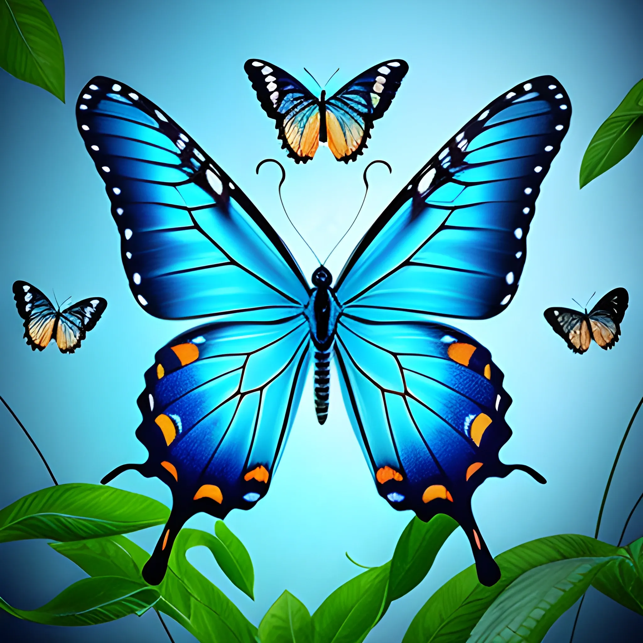 Beautiful butterfly with nature ambiance, high detail, blue scene, hauntingly beautiful illustration