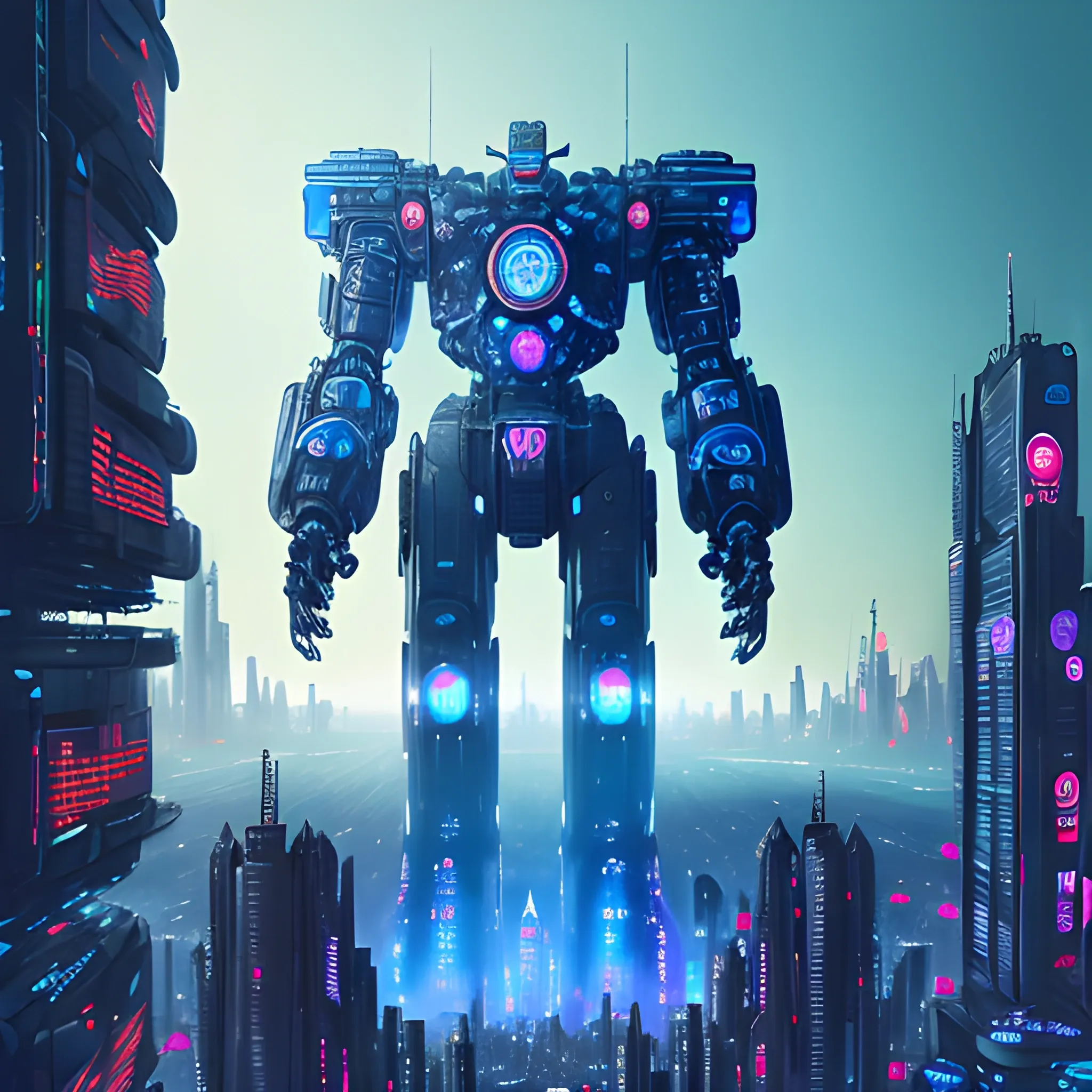 Beautiful giant robot with city in the foreground, high detail, blue scene, hauntingly beautiful illustration, Cyberpunk, Oil Painting