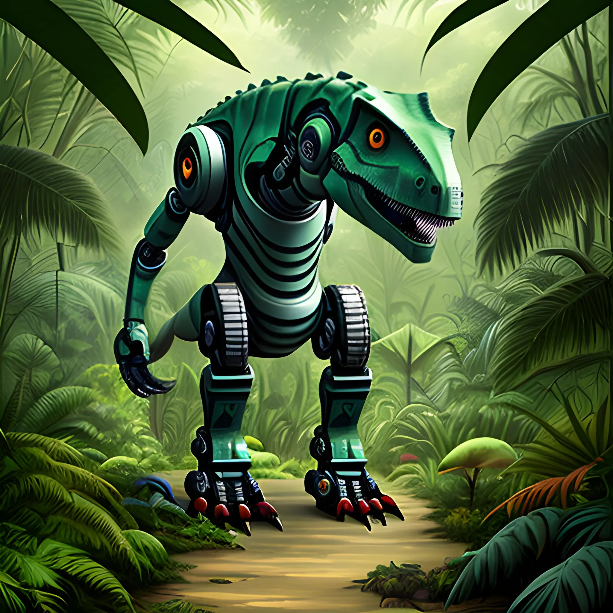 robot dinosaur in a jungle


