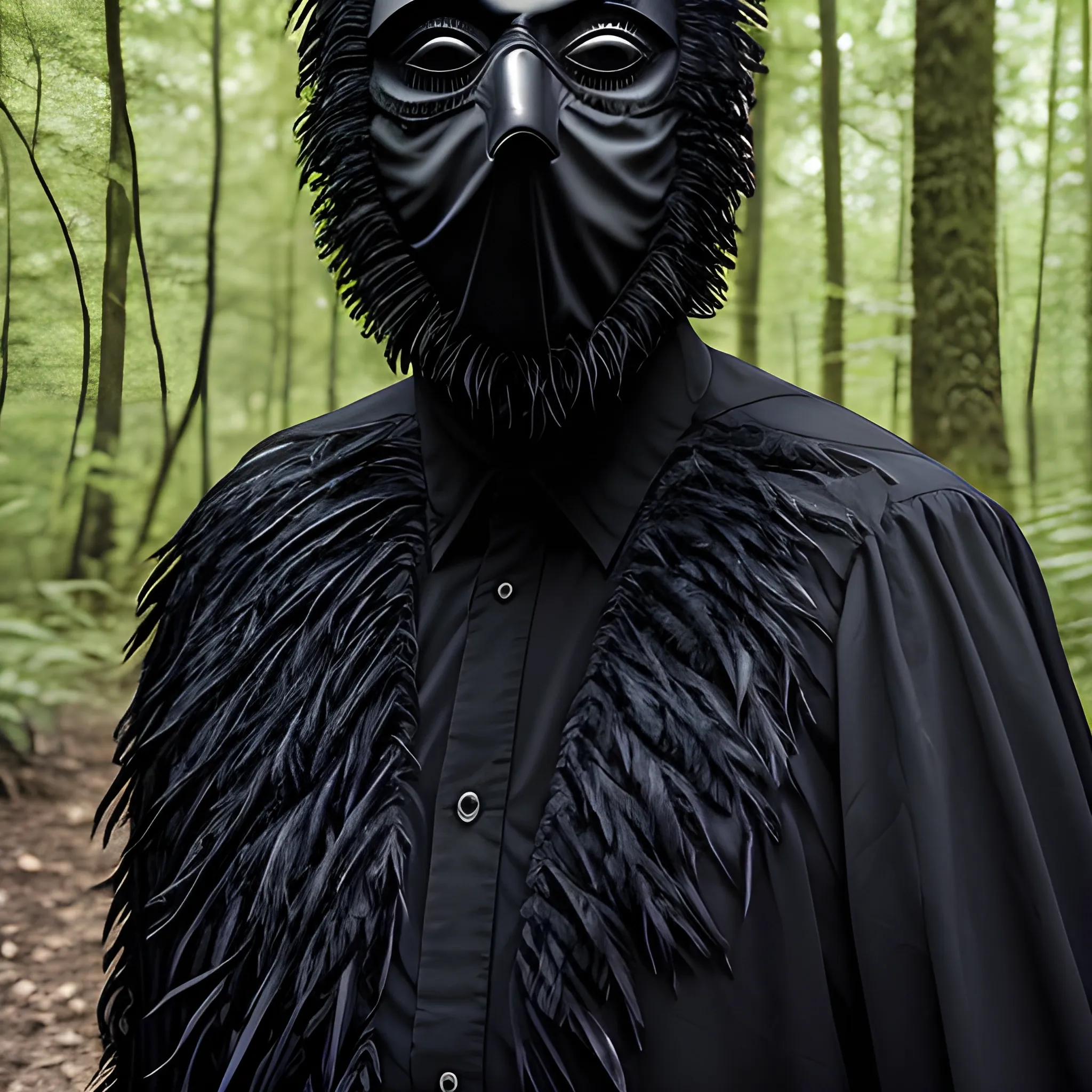 horror, man in black feathered garb in forest, black mask