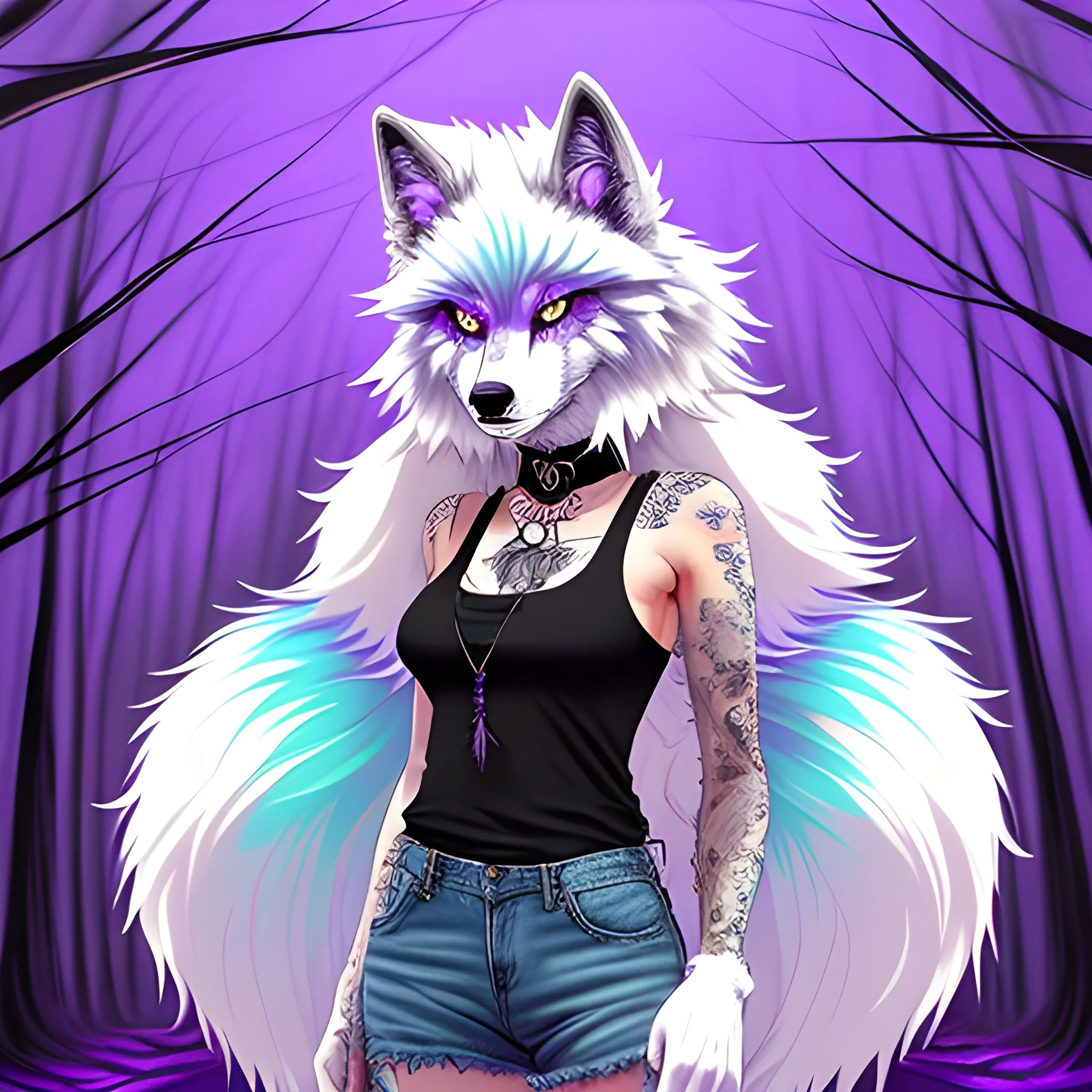 , Trippy
(Furry Art)), Wolf Furry Woman with beautiful purple eyes, ((extra long fluffy cyan hair)) Fluffy tail, , standing, forest, tattoo, choker, looking at viewer, black Tank top with white fur jacket and jeans, 