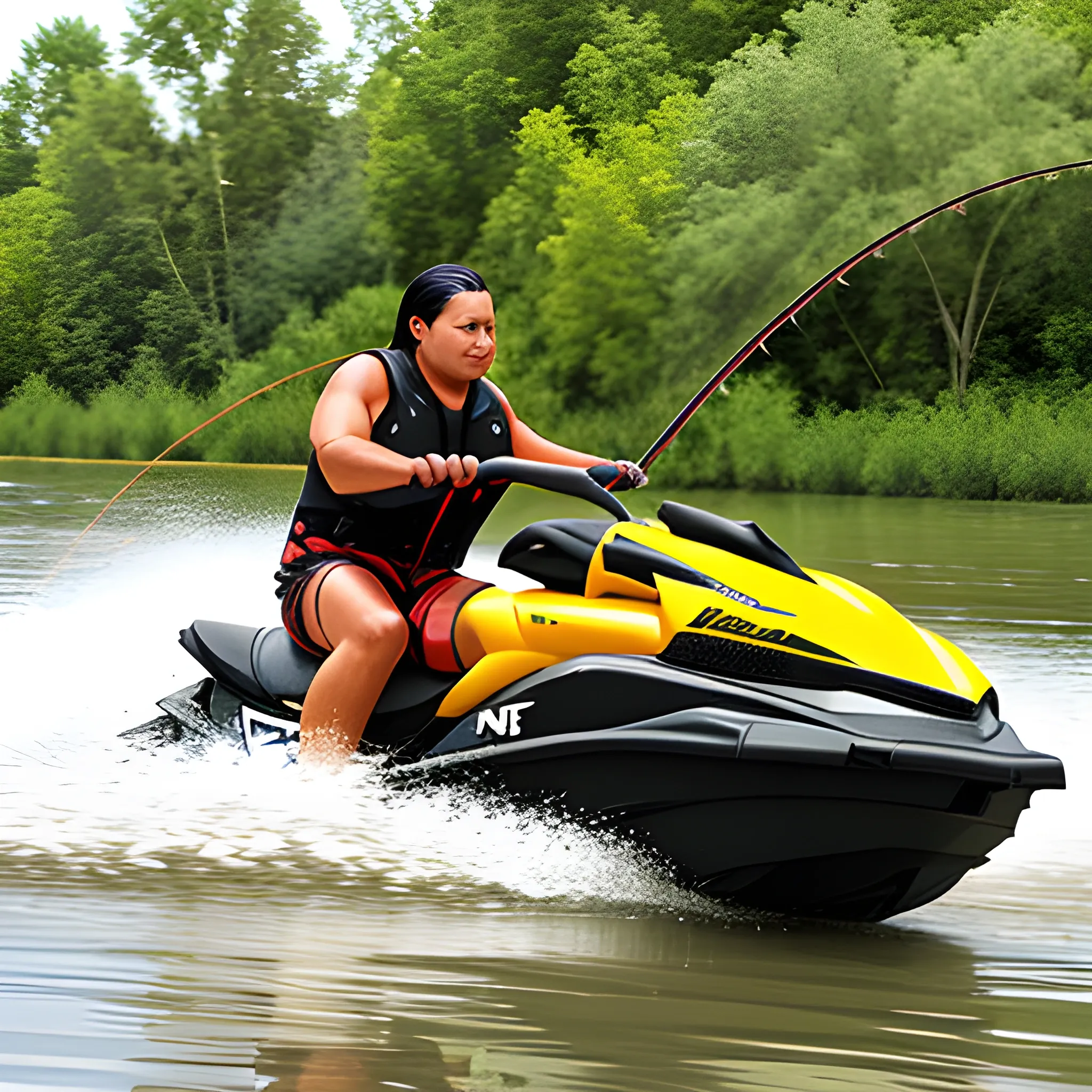 Native American, jet ski, river, catching getting, fishing net