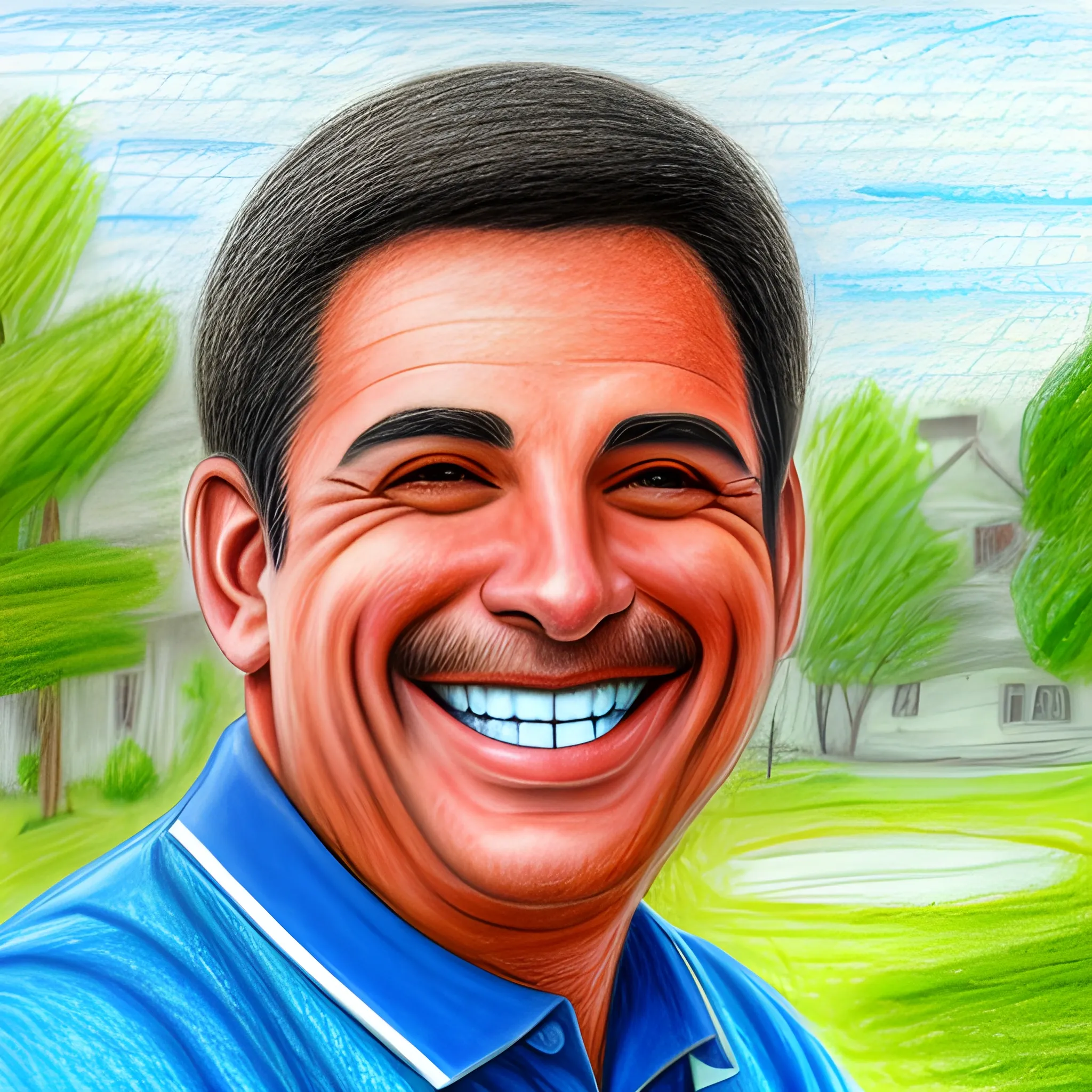 color pencil sketch of a happy smiling latin man facing the camera, wearing a blue golf shirt
