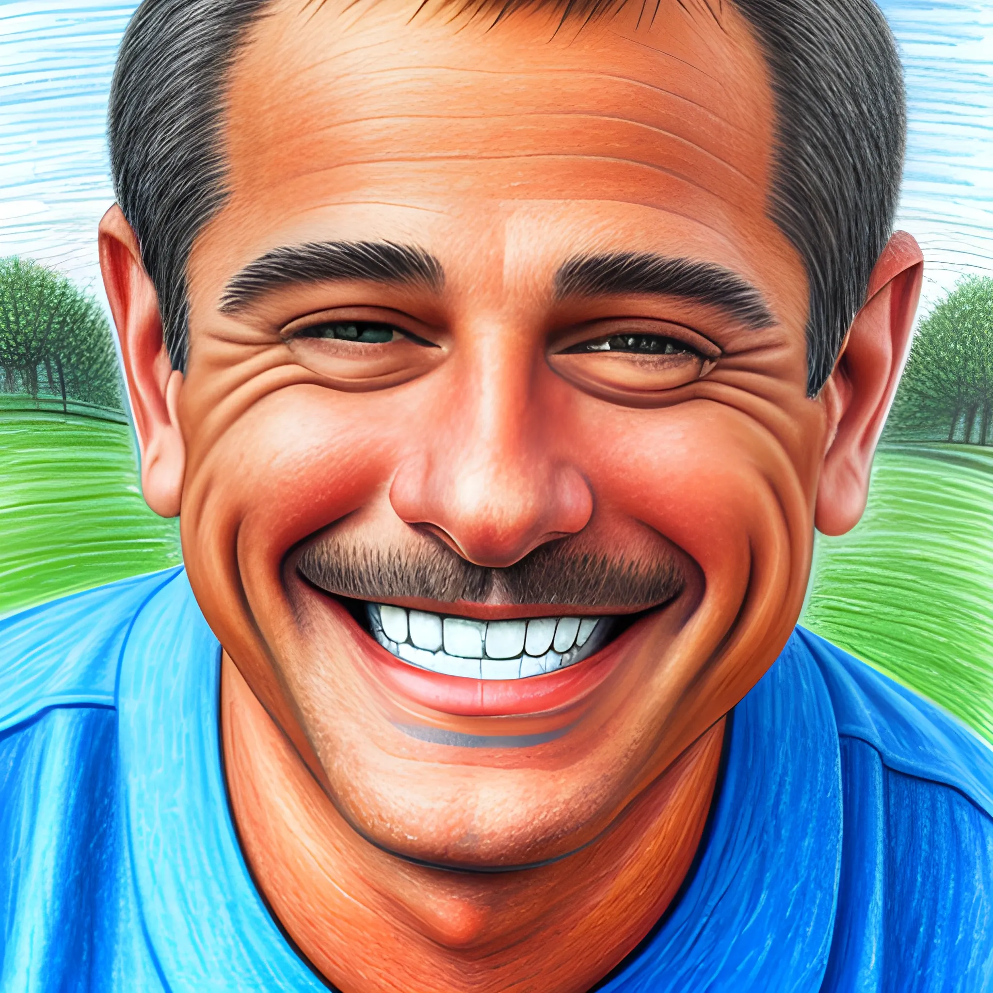 color pencil sketch of a happy smiling latin man facing the camera, wearing a blue golf shirt
