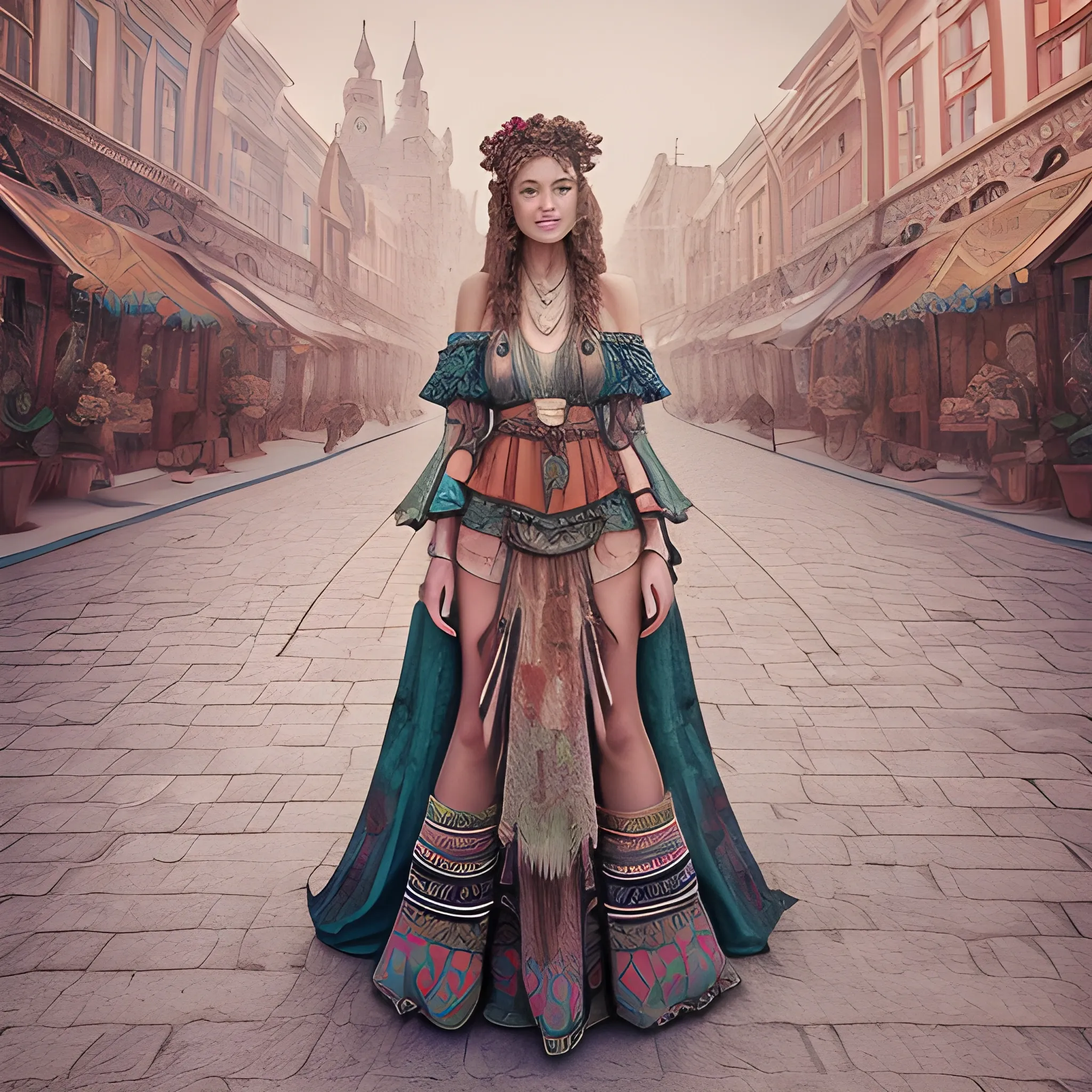 Master professional photography, beautiful woman in bohemian dress and accessories, extreme textures and details, full body portrait shot, bohemian city landmarks background, 64K, Pencil Sketch, 3D