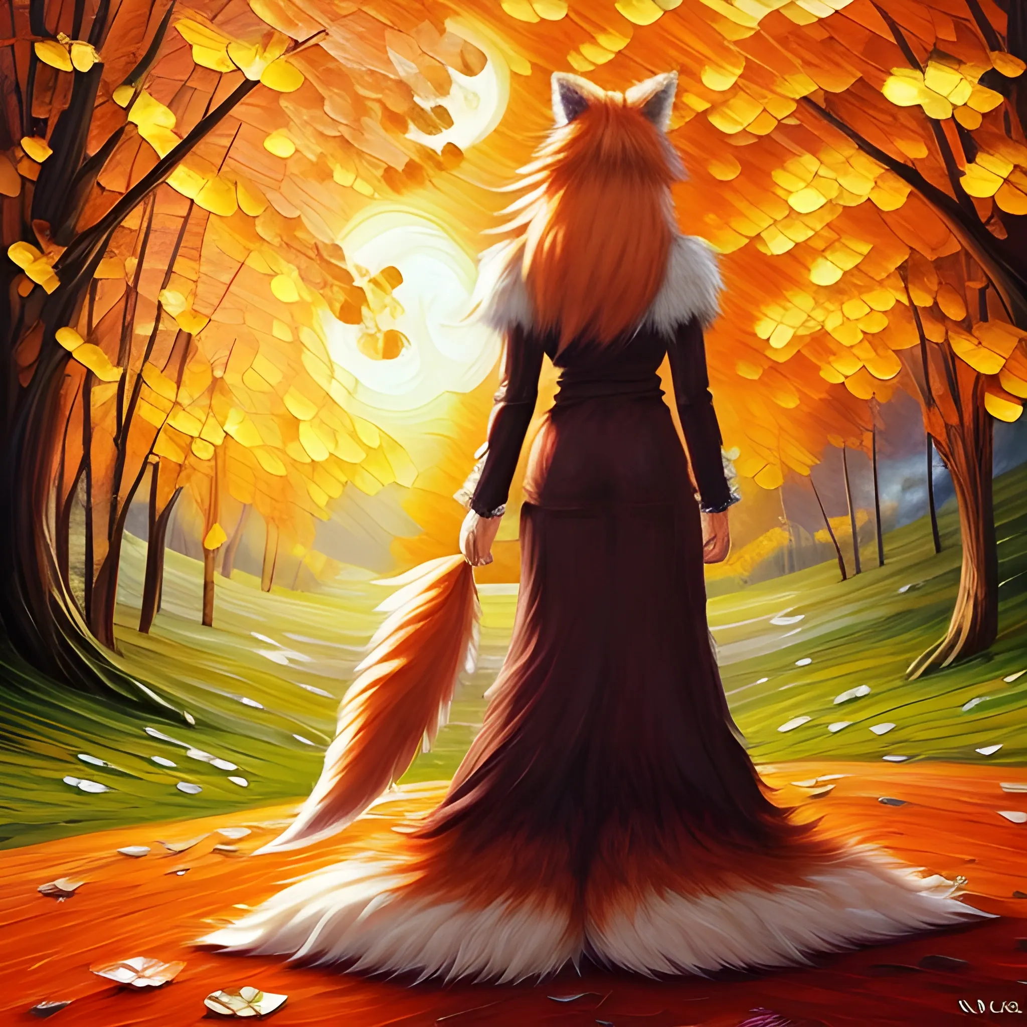 Human, fluffy fox tail, anime, ,Oil Painting