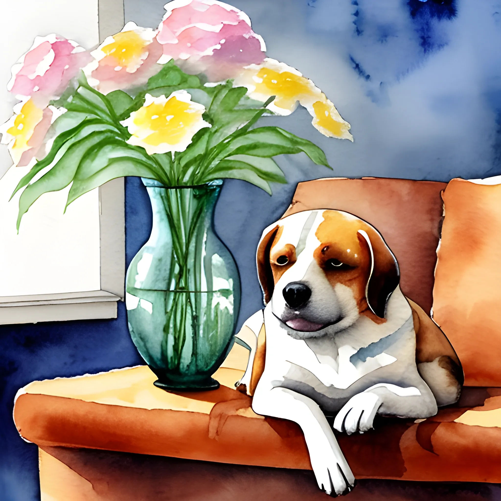 sleepy dog on couch next to a flower vase, Water Color