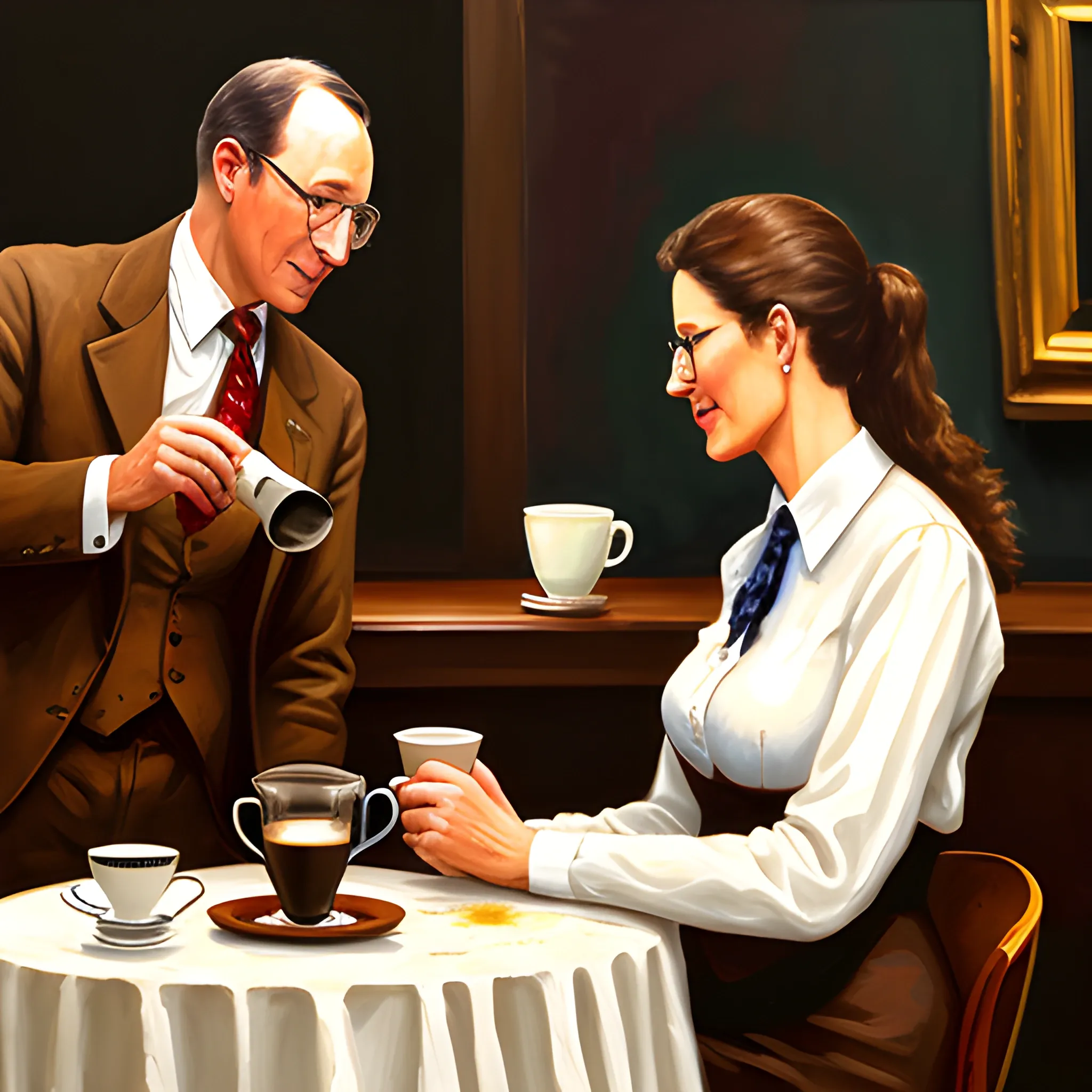 coffee lecture, an old meister, three university student girls, one university student boy, woody room, drip coffee, Oil Painting