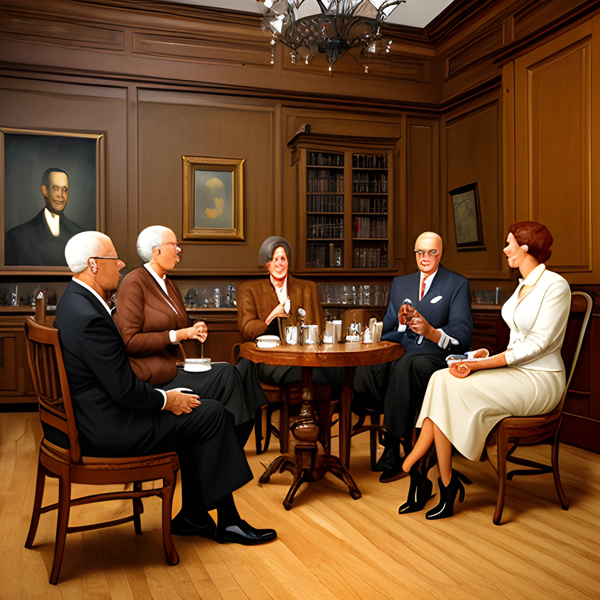 coffee lecture, an old meister talking with three student girls and one student boy, woody room, drip coffee, Oil Painting