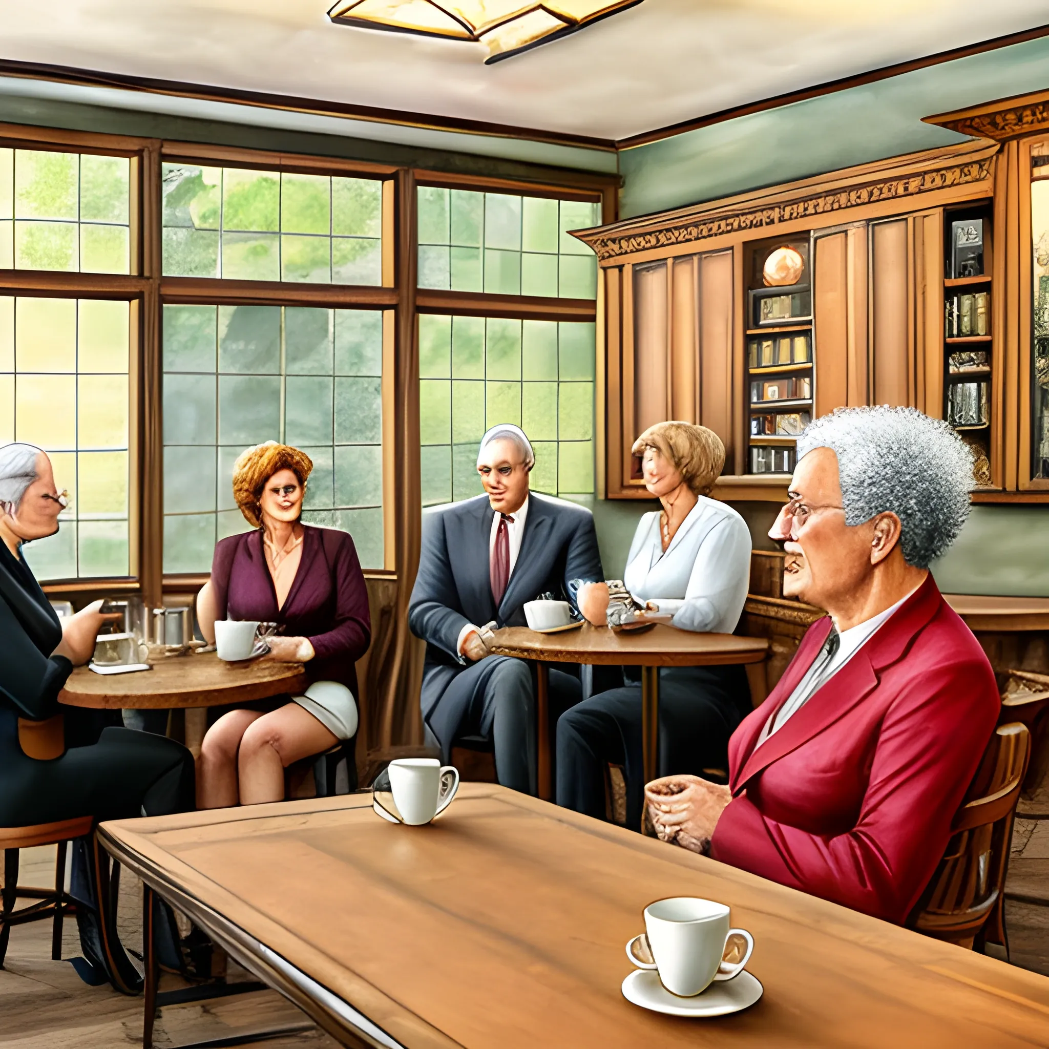 coffee lecture at coffee house, an old meister talking with three student girls and one student boy, woody room, drip coffee, Water Color