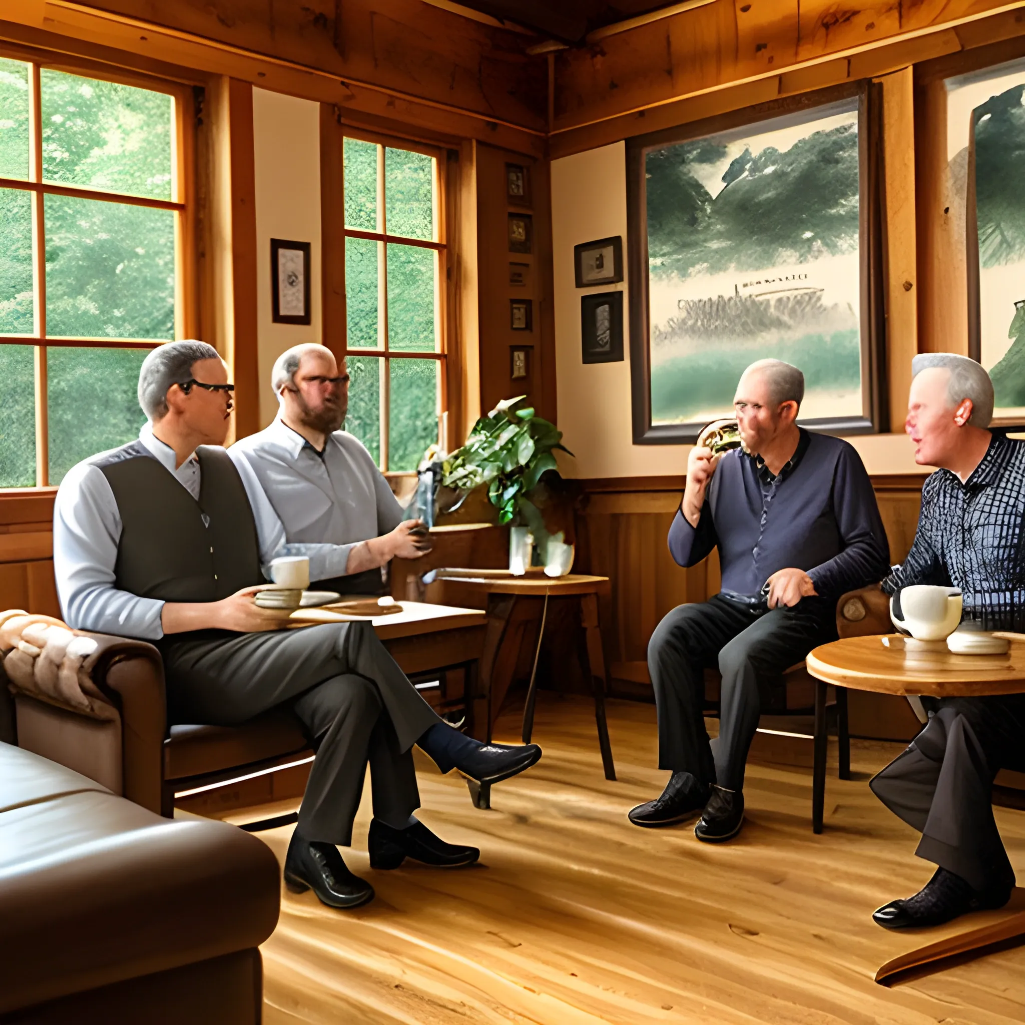 coffee lecture in a woody room at coffee house, an old meister talking with three young student girls and one young student boy drinking drip coffee, Water Color