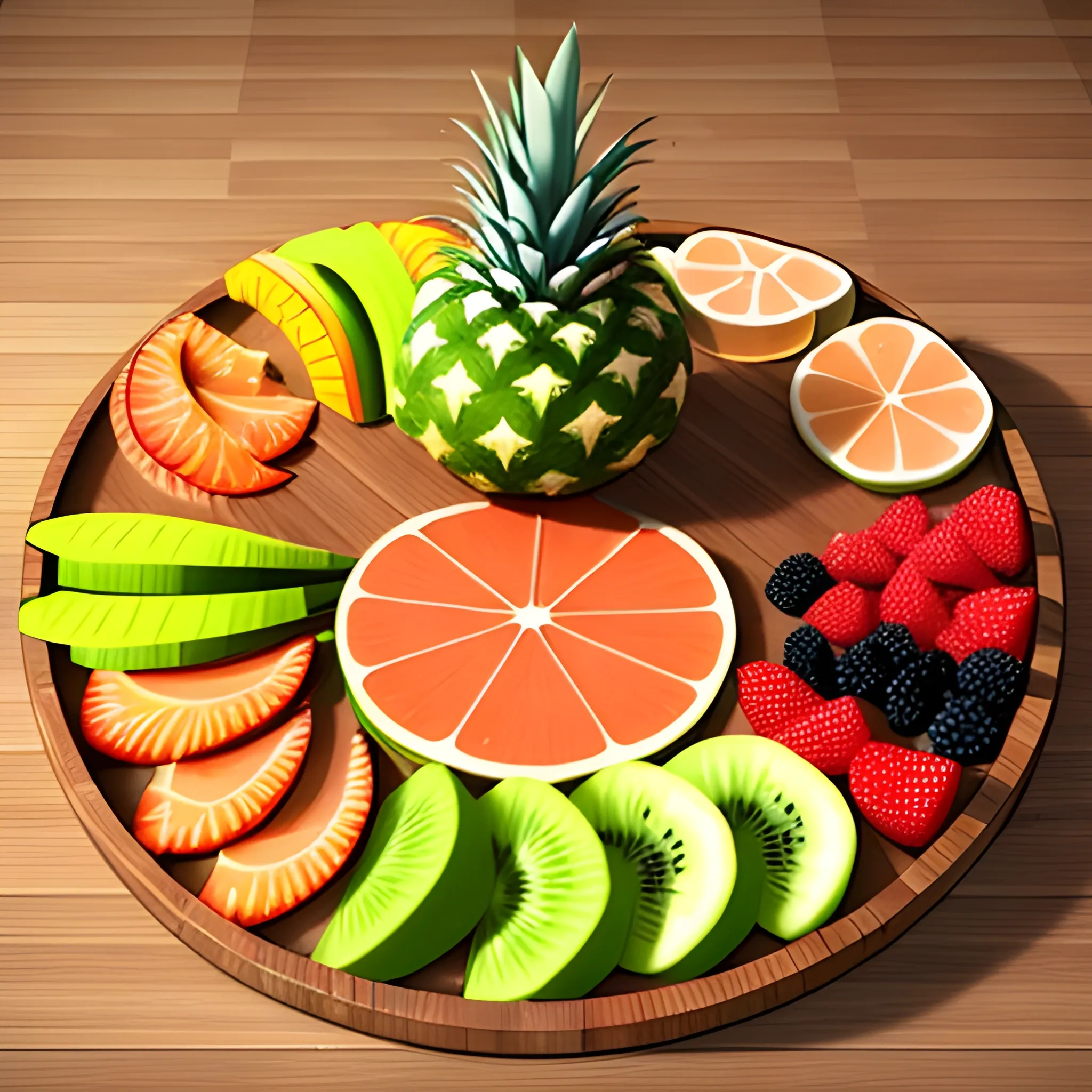 Sliced fresh exotic fruits, laid out on a beautiful round tray and standing on a wooden table, 3D