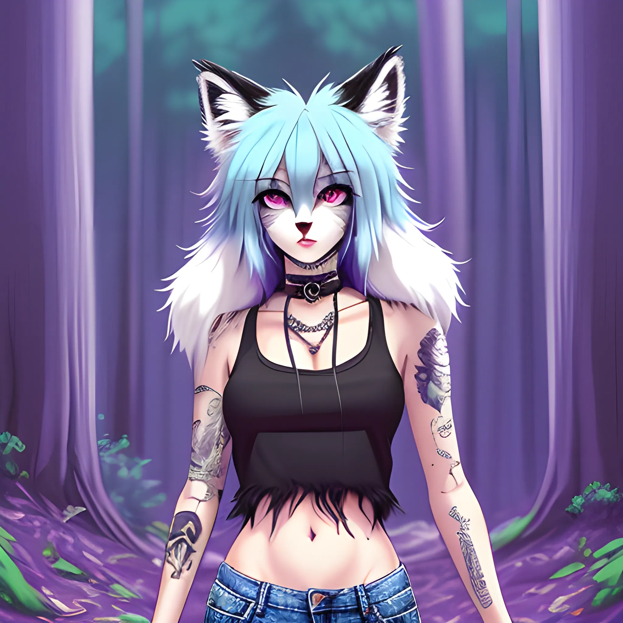 
(Furry Art)), fox Furry Woman with beautiful purple eyes, ((extra long fluffy cyan hair)) Fluffy tail, , standing, forest, tattoo, choker, looking at viewer, black Tank top with white fur jacket and jeans