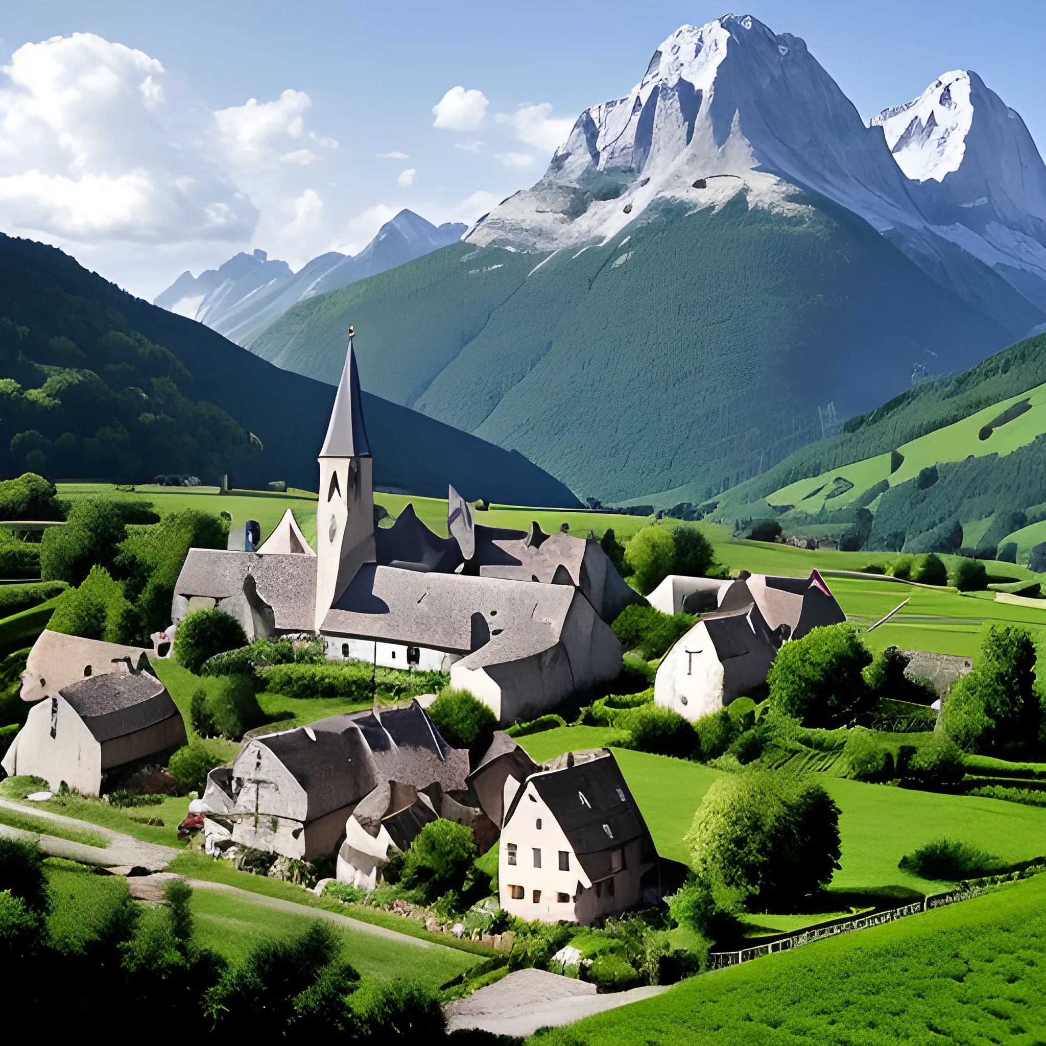 un paisible village niché au cœur d'une vallée verdoyante, entourée de majestueuses montagnes