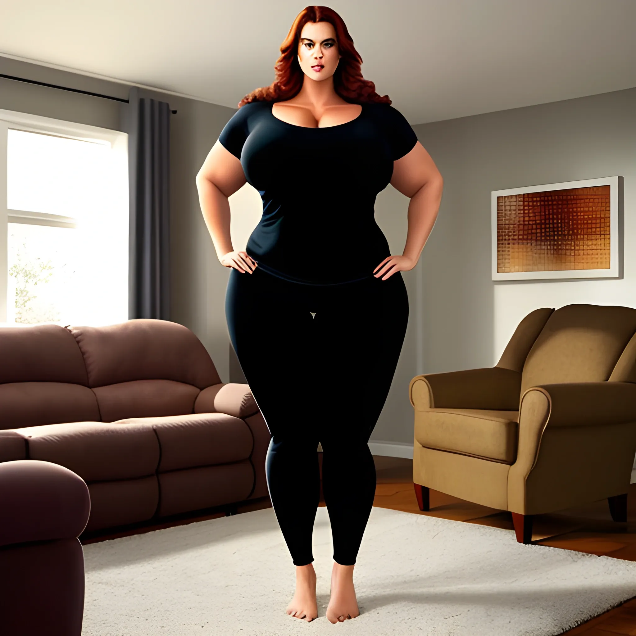 beautiful huge tall muscular plus size girl standing in living r 