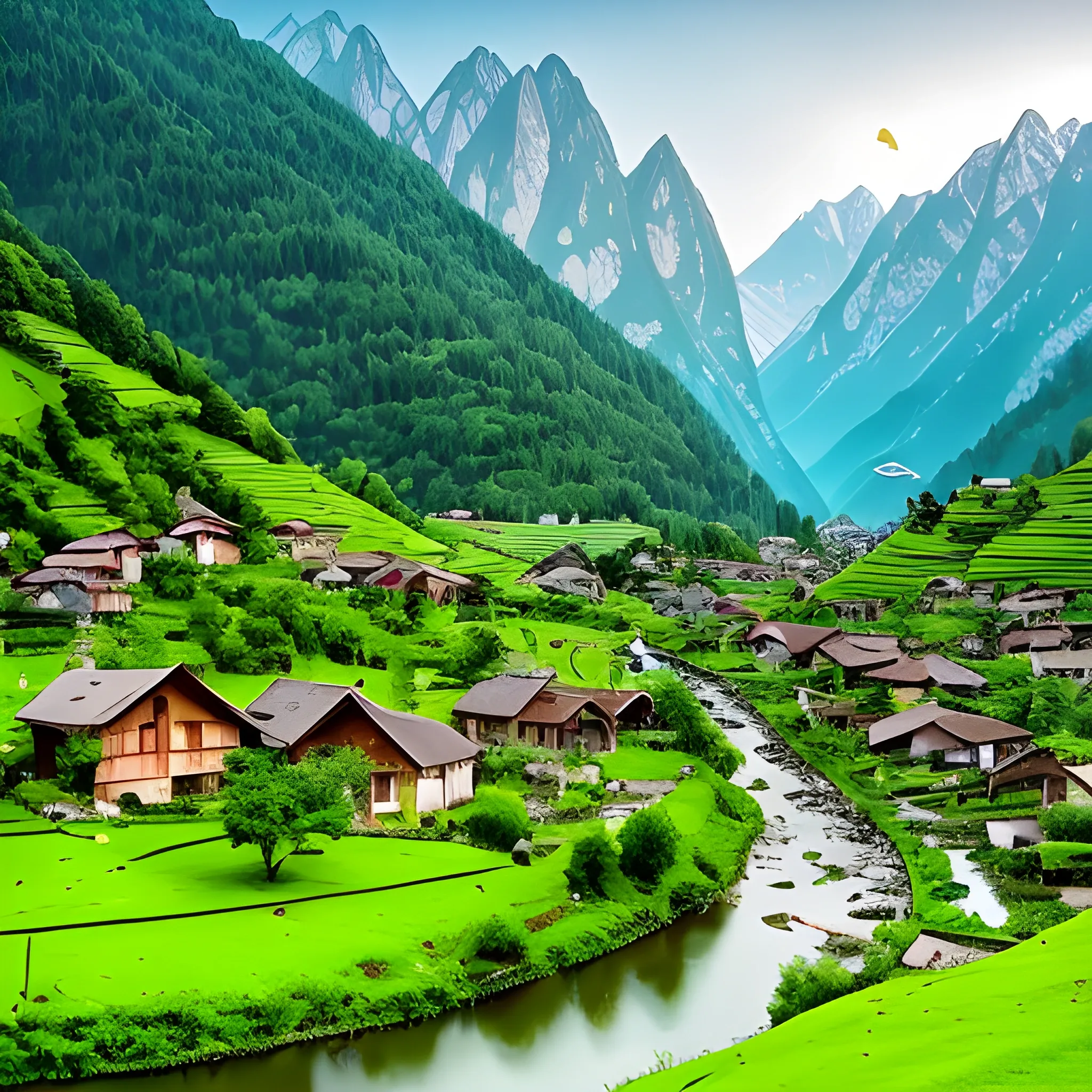 a peaceful, picturesque village nestled in a green valley, surrounded by majestic mountains