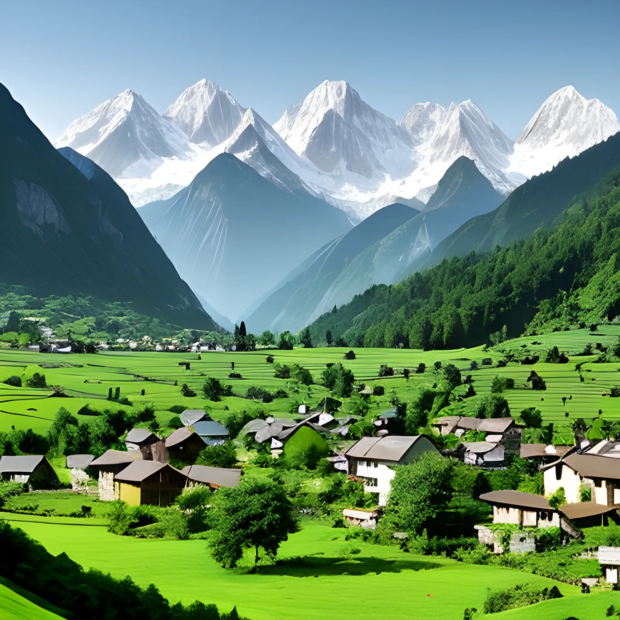 a peaceful, picturesque village nestled in a green valley, surrounded by majestic mountains