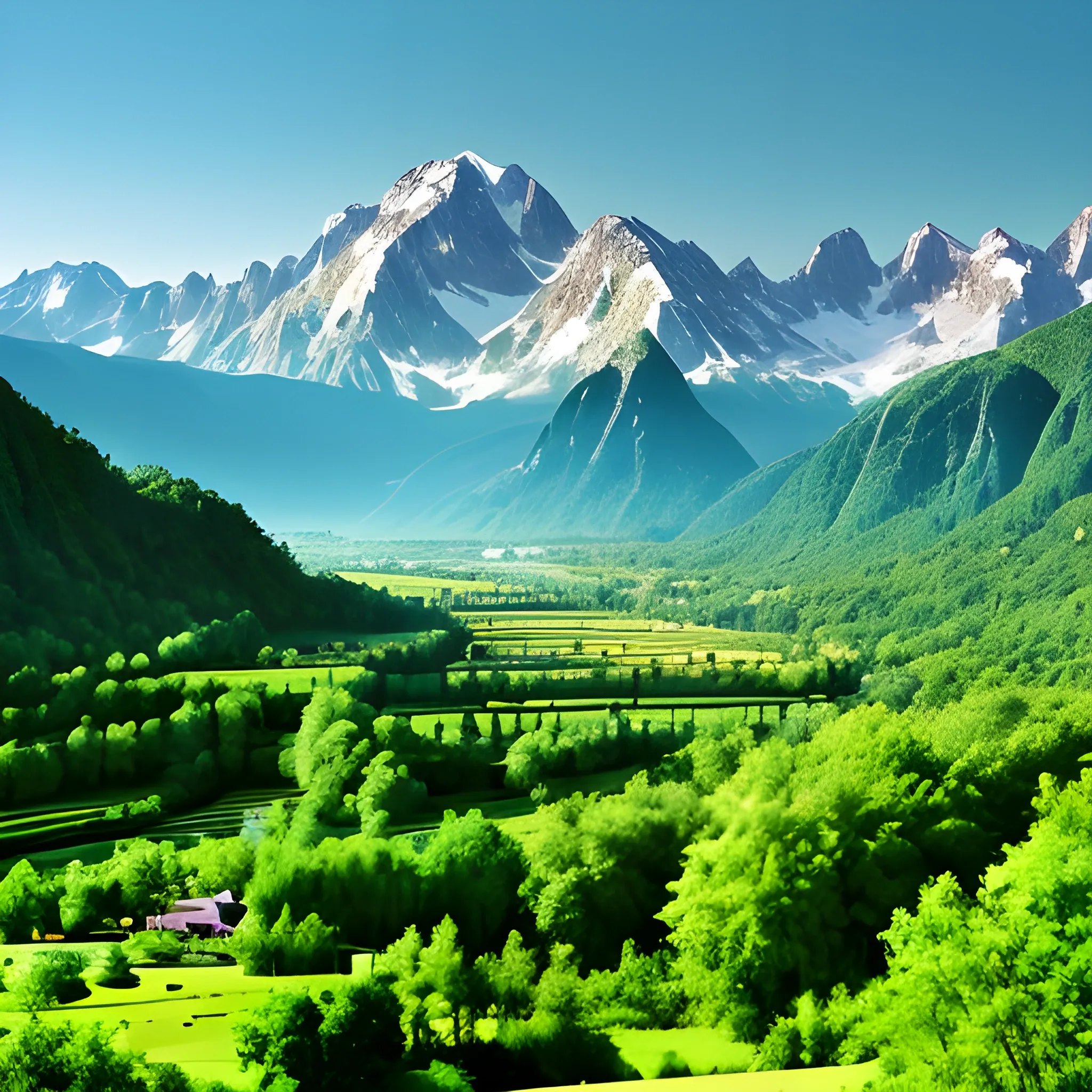  a verdant valley, surrounded by majestic mountains