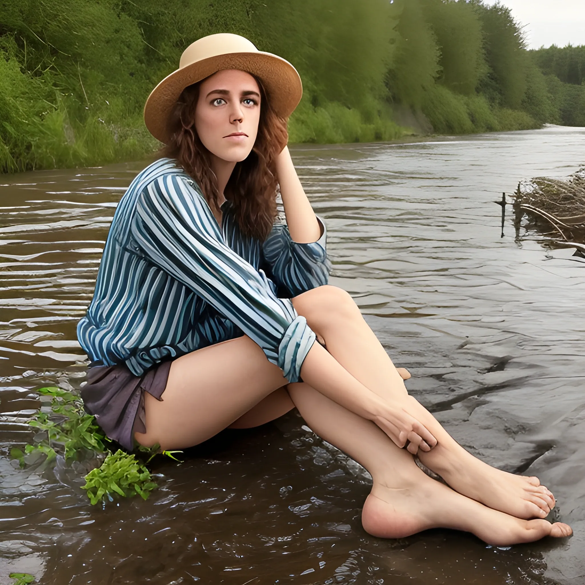 une bohémienne les pieds dans la rivière, le chapeau de paille posé de travers sur sa tête.