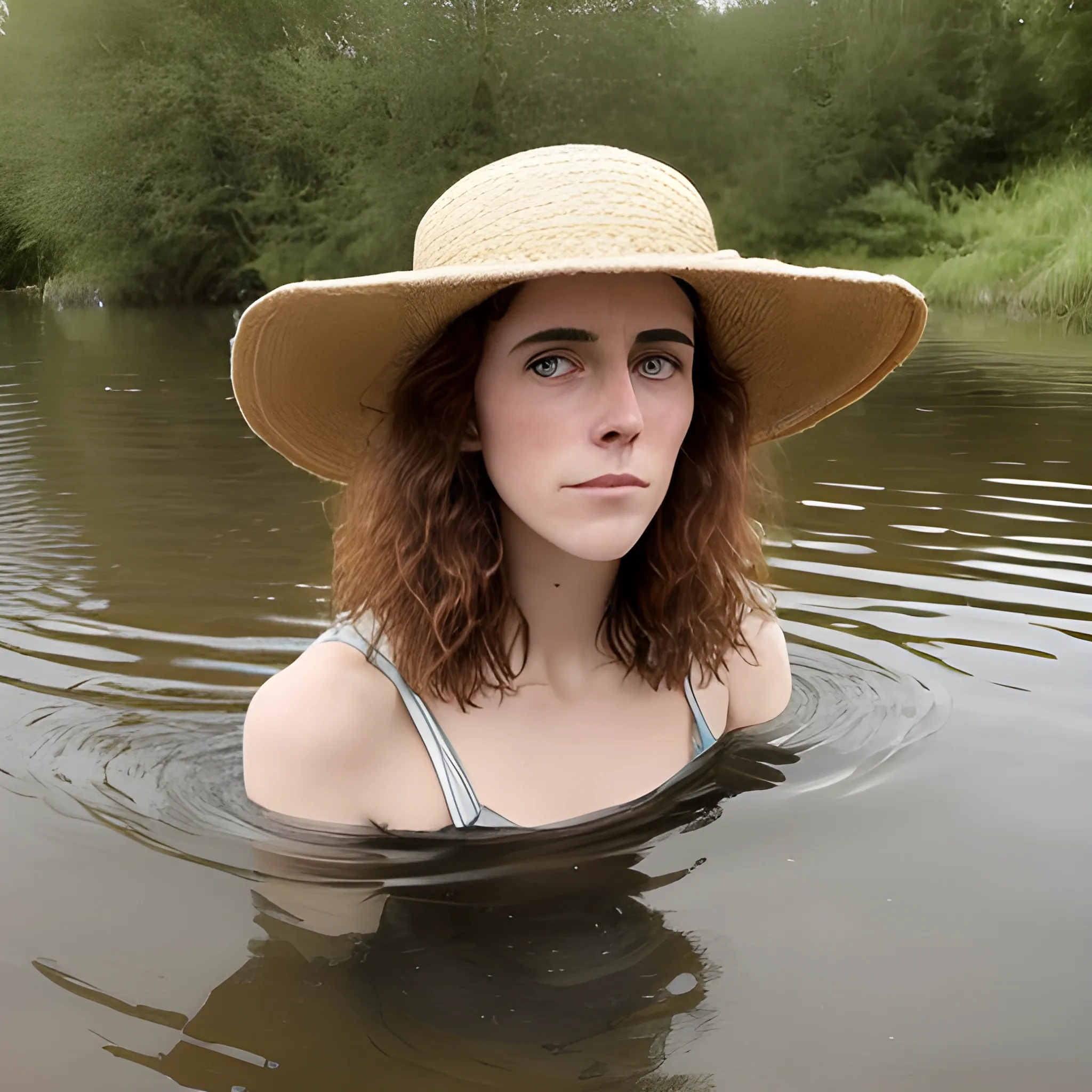 une bohémienne de dos, les pieds dans la rivière, cherchant quelque chose dans l'eau, le chapeau de paille posé de travers sur sa tête.