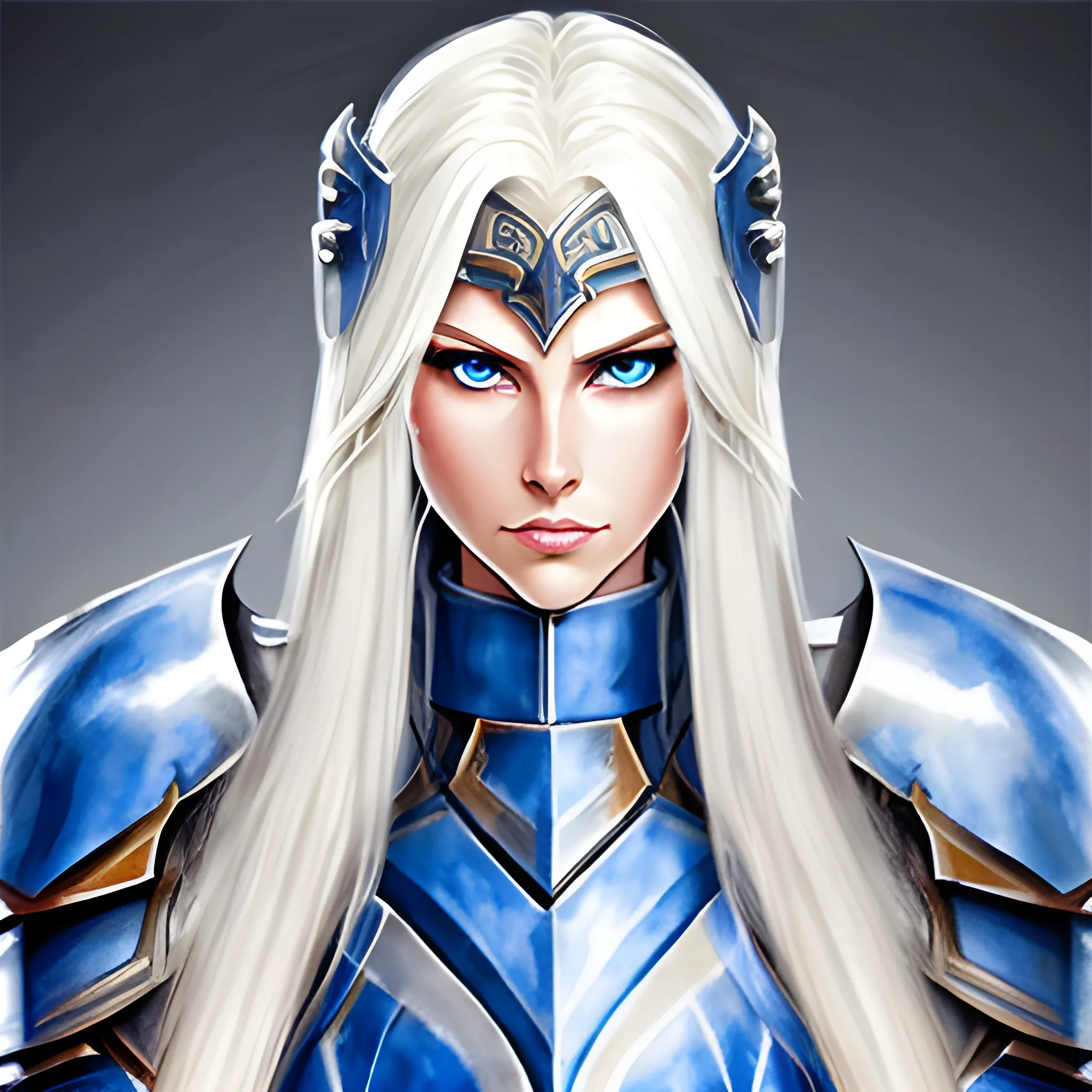 beautiful tall female with a bit of muscle with long white hair, piercing blue eyes while wearing paladin armour, , Water Color