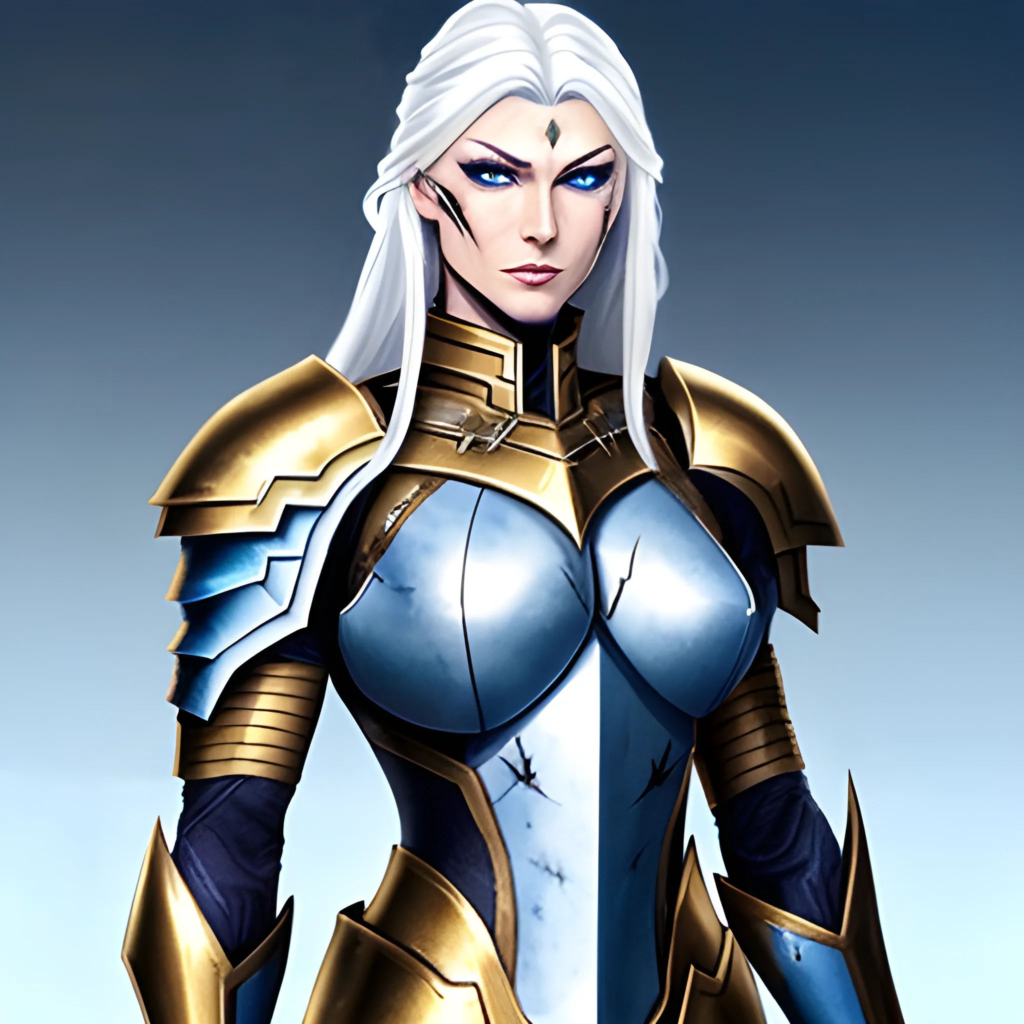 beautiful tall female with a bit of muscle with long white hair, piercing blue eyes, small scars on her face while wearing paladin armour the armour is white with gold,  Water Color