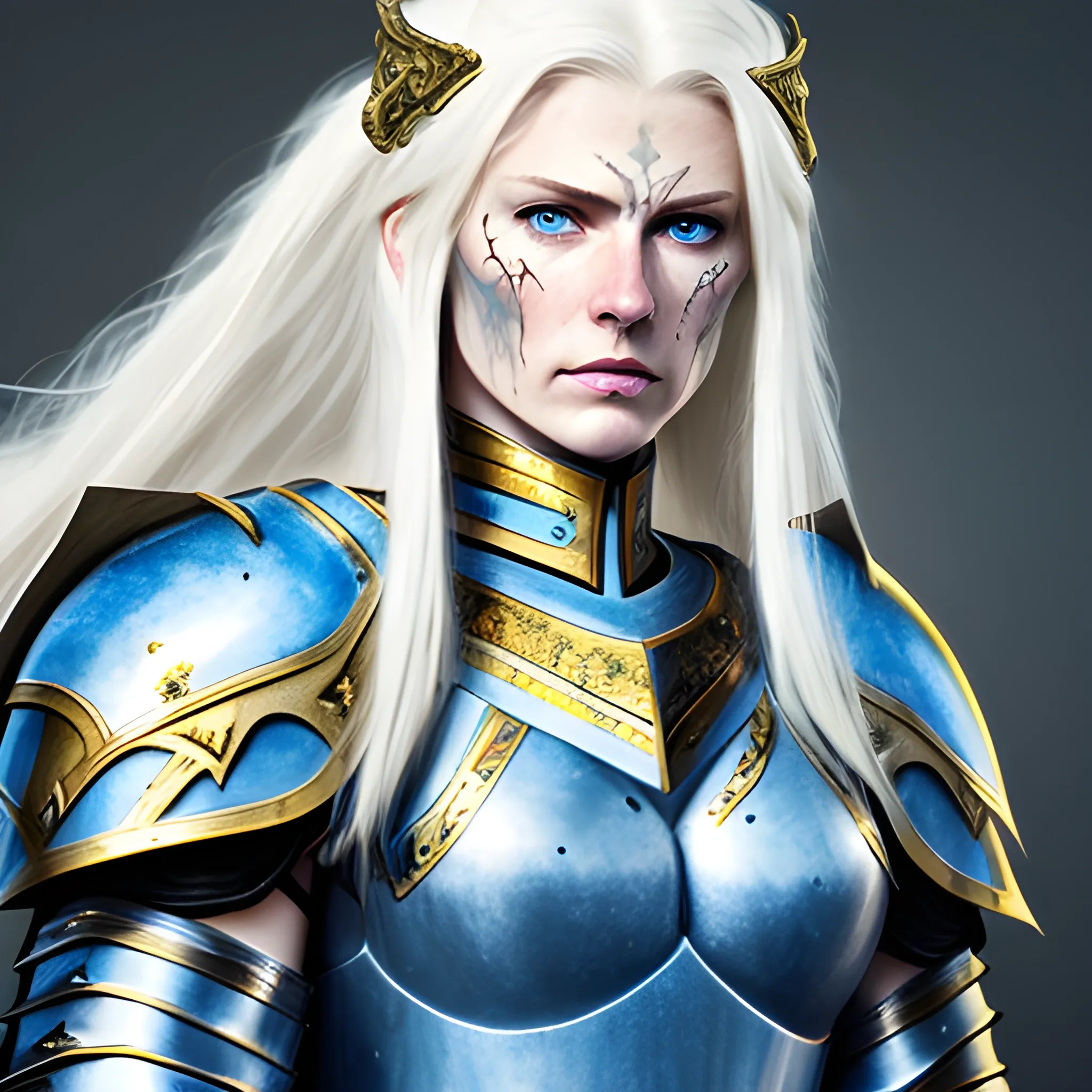 beautiful tall female with a bit of muscle with long white hair, piercing blue eyes, battle scars on her face while wearing heavy armour the armour is white with gold,  Water Color