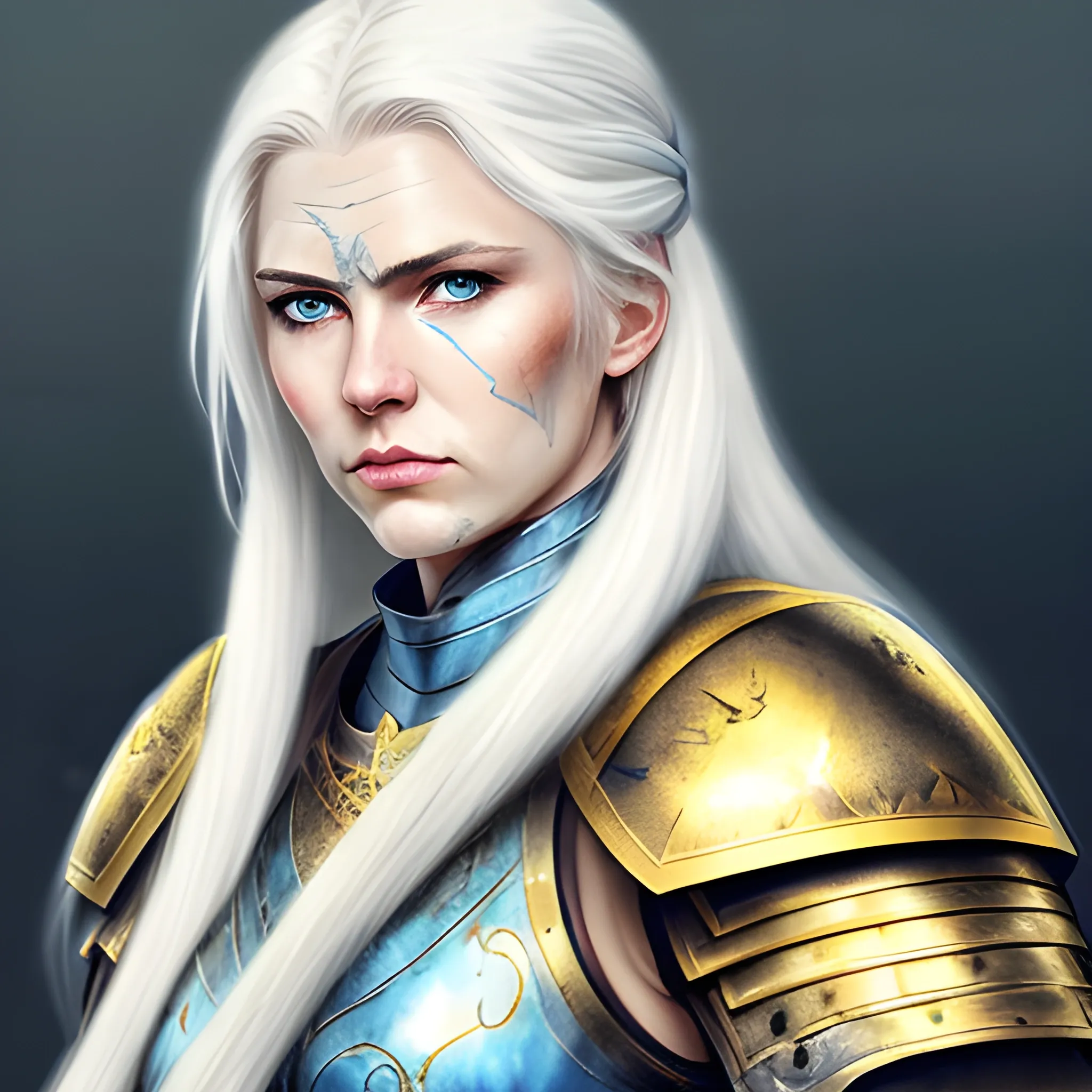 beautiful tall female with a bit of muscle with long white hair,  blue eyes, scar on her lip and cheek while wearing heavy armour the armour is white with gold,  Water Color