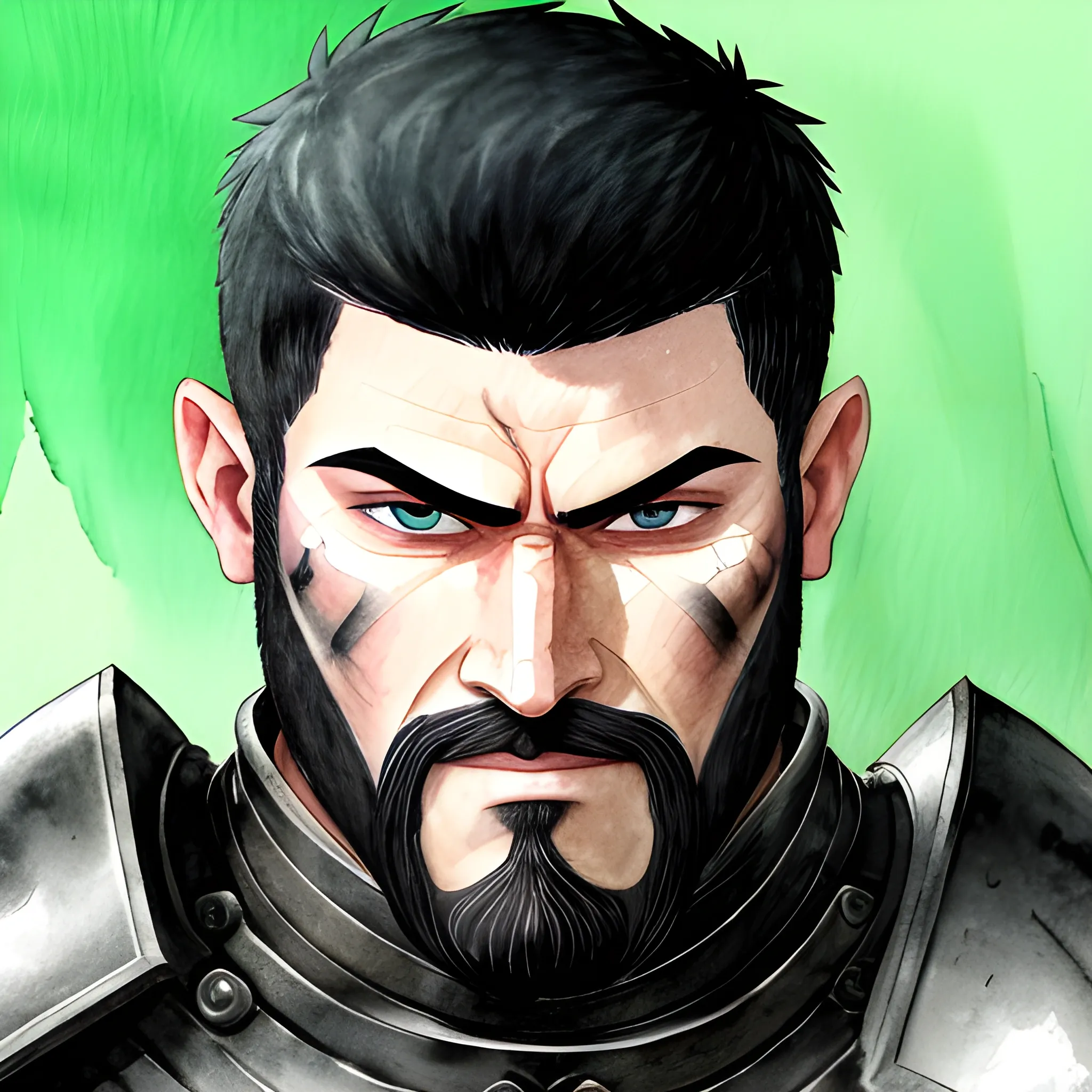 muscular man with short black hair and a short beard, blind right eye with a scar, green left eye, wearing black armour, Water Color