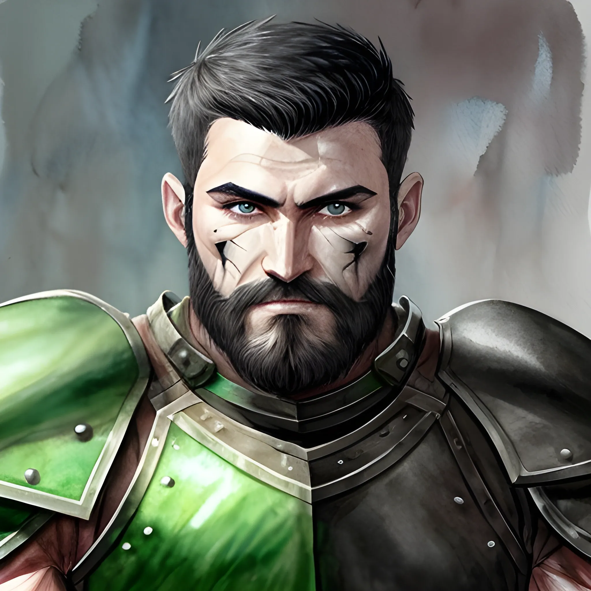 muscular man with short black hair and a short beard, blind right eye with a scar, green left eye, wearing black armour, Water Color