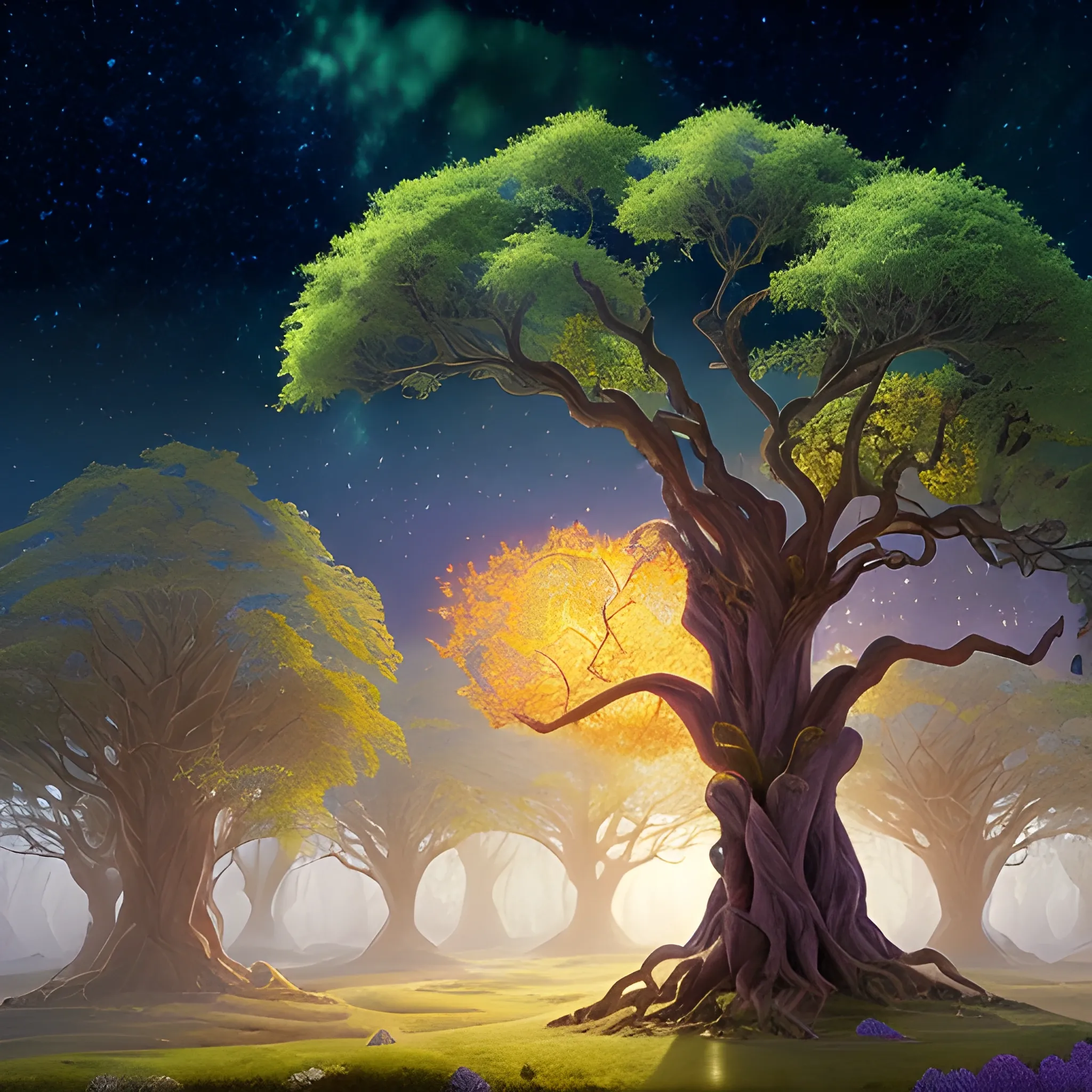 In a fantasy world, the Valley of Eternity stood like an enchanted land, bathed in a golden mist that gave it a magical aura. The age-old trees, their majestic branches reaching for the stars, seemed to draw their energy from the stars, while their silvery roots extended deep into the earth, like the veins of a living entity.