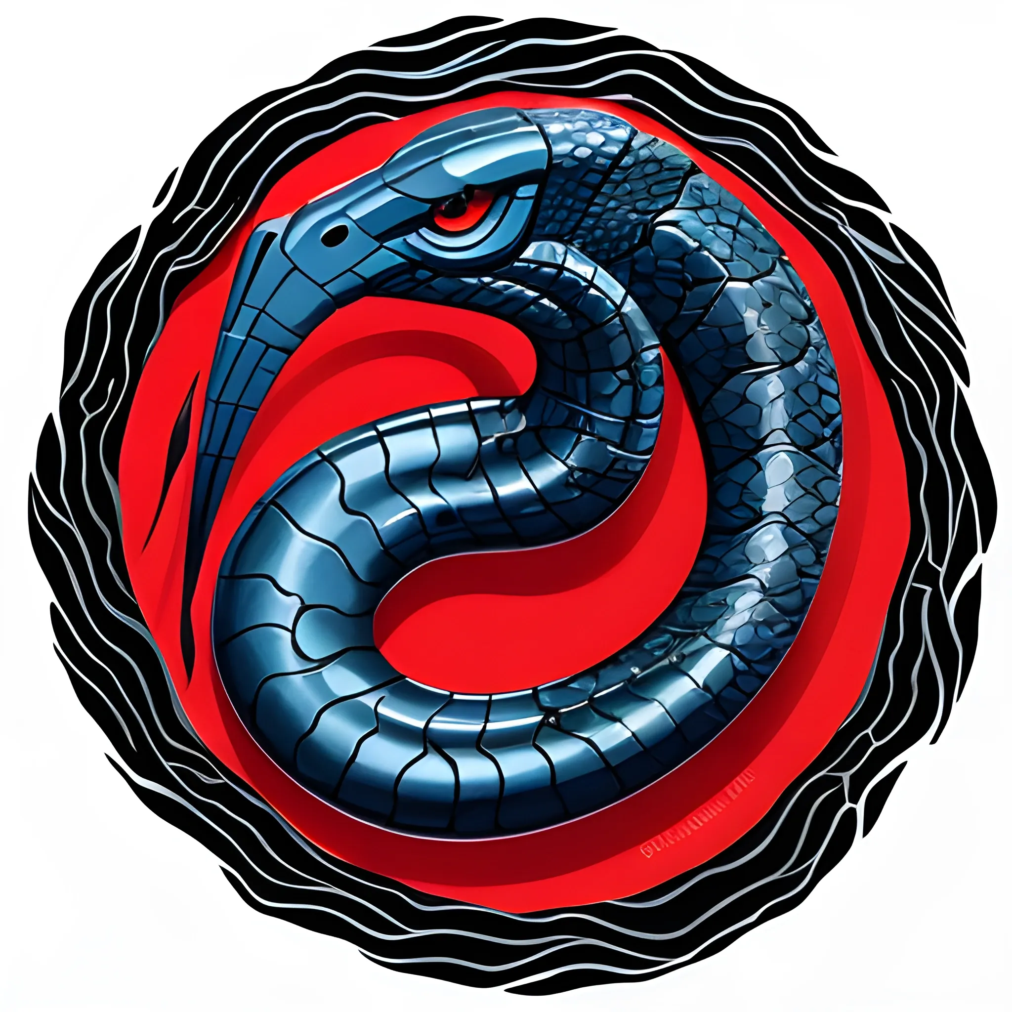 "Design a captivating and unique logo featuring a sleek black and deep blue serpent, with a striking red eye. The logo should exude a sense of mystery, elegance, and power. Use your creative skills to craft a visually stunning representation of this serpent that can be used for various applications, from branding to merchandise.", Water Color