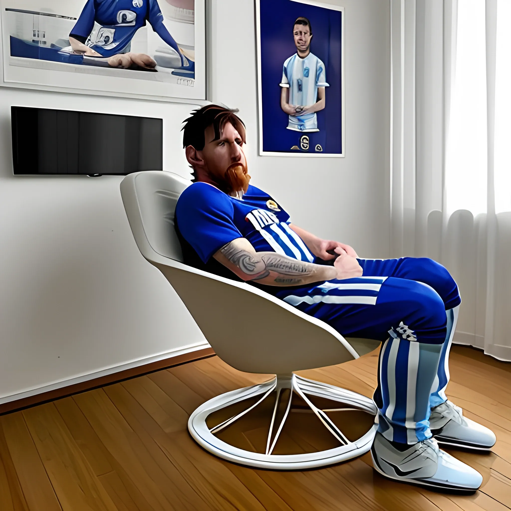 lionel messi sentado en una silla en un apartamento con la playera de su selecion de futbol argentina
 
, Pencil Sketch