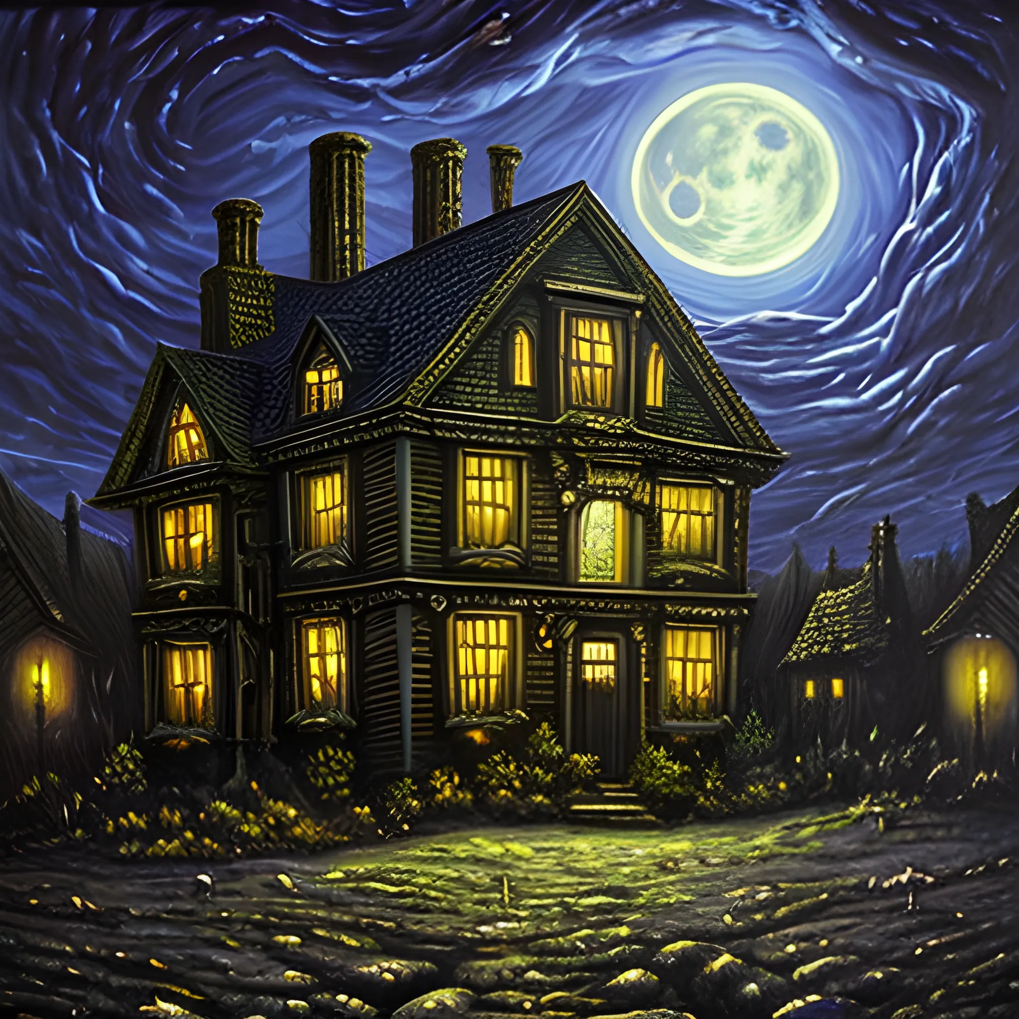 , Oil Painting hiperrealistic paint of H P lovecraft, in the back there is an ancient house, in the night iluminated by a full moon ., 3D