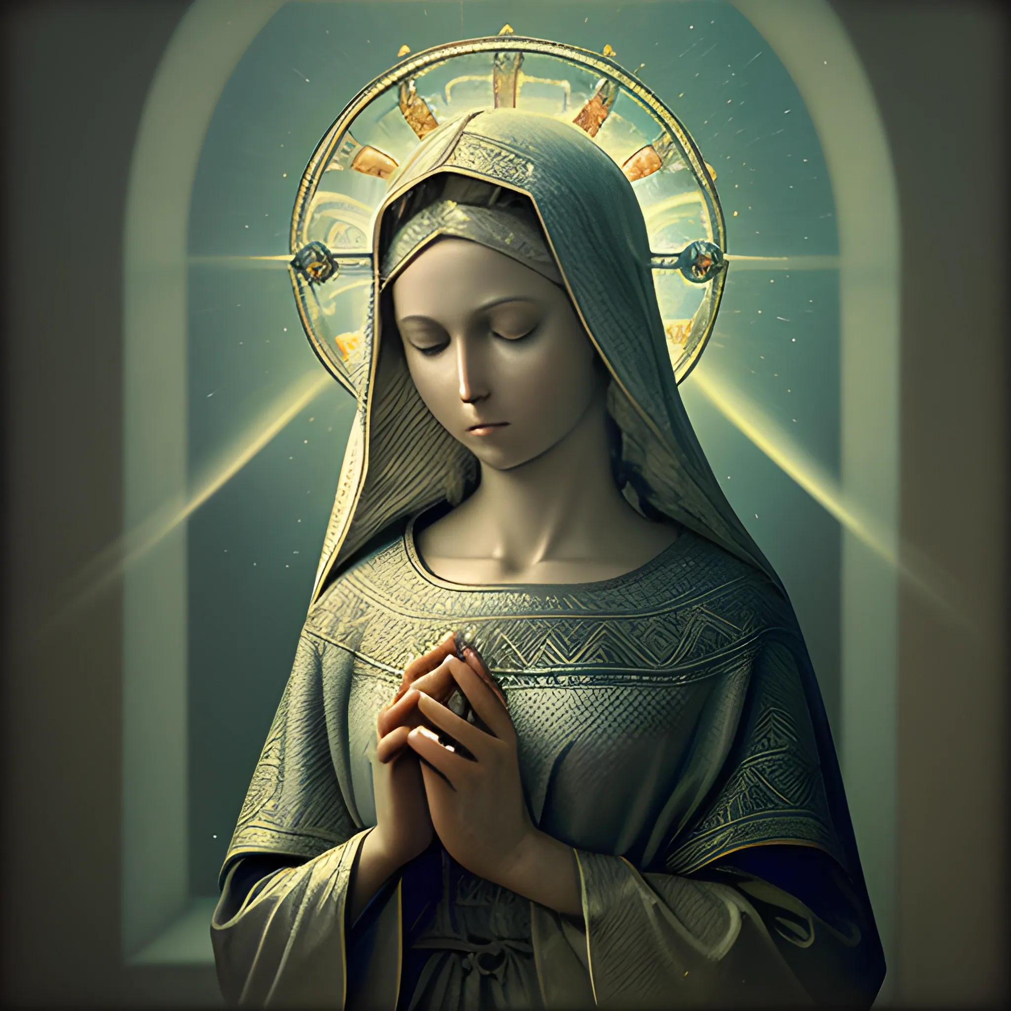 Mary, holy lady, mother of Jesus, looking to the center of the c ...