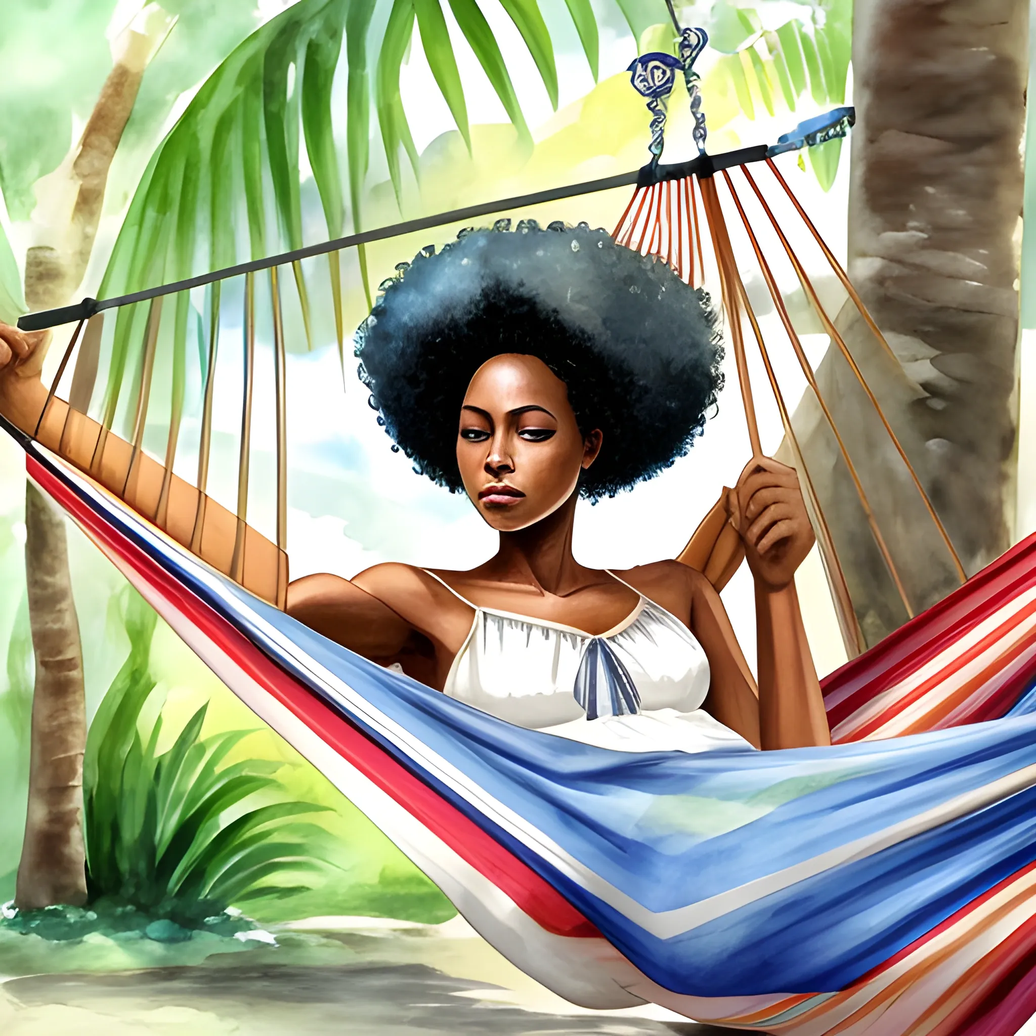 An afroamerican beautiful woman, peacefull resting in a hammock, in a beautiful port house in Port oif Limon Costa Rica, hiperrealistic, Water Color