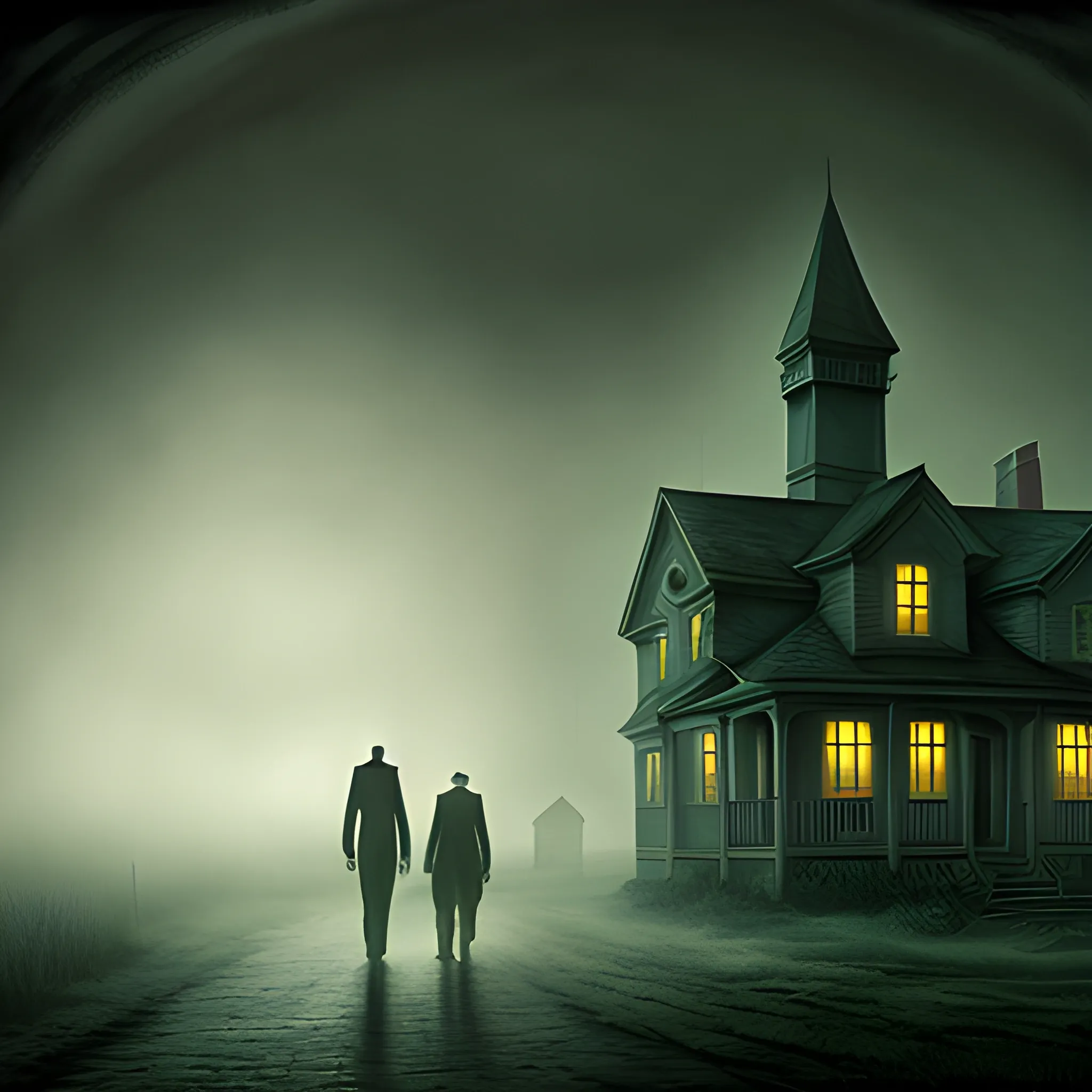 H P Lovecraft painting, ultra high definition,  background placed a old house, fog , and semitransparent figures walking arround