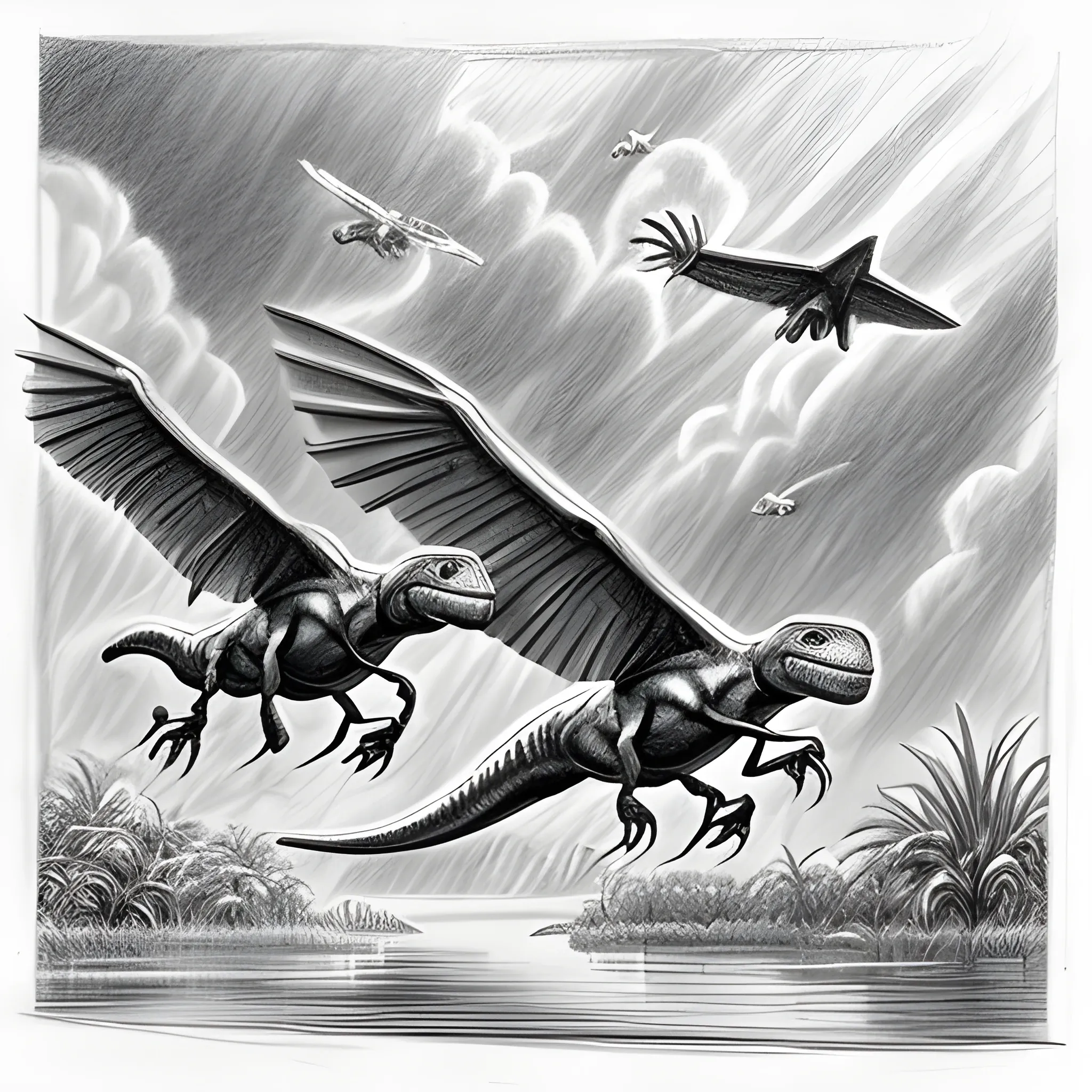 two pterodatcyl from Jurassic Park flying over a swamp, Pencil Sketch