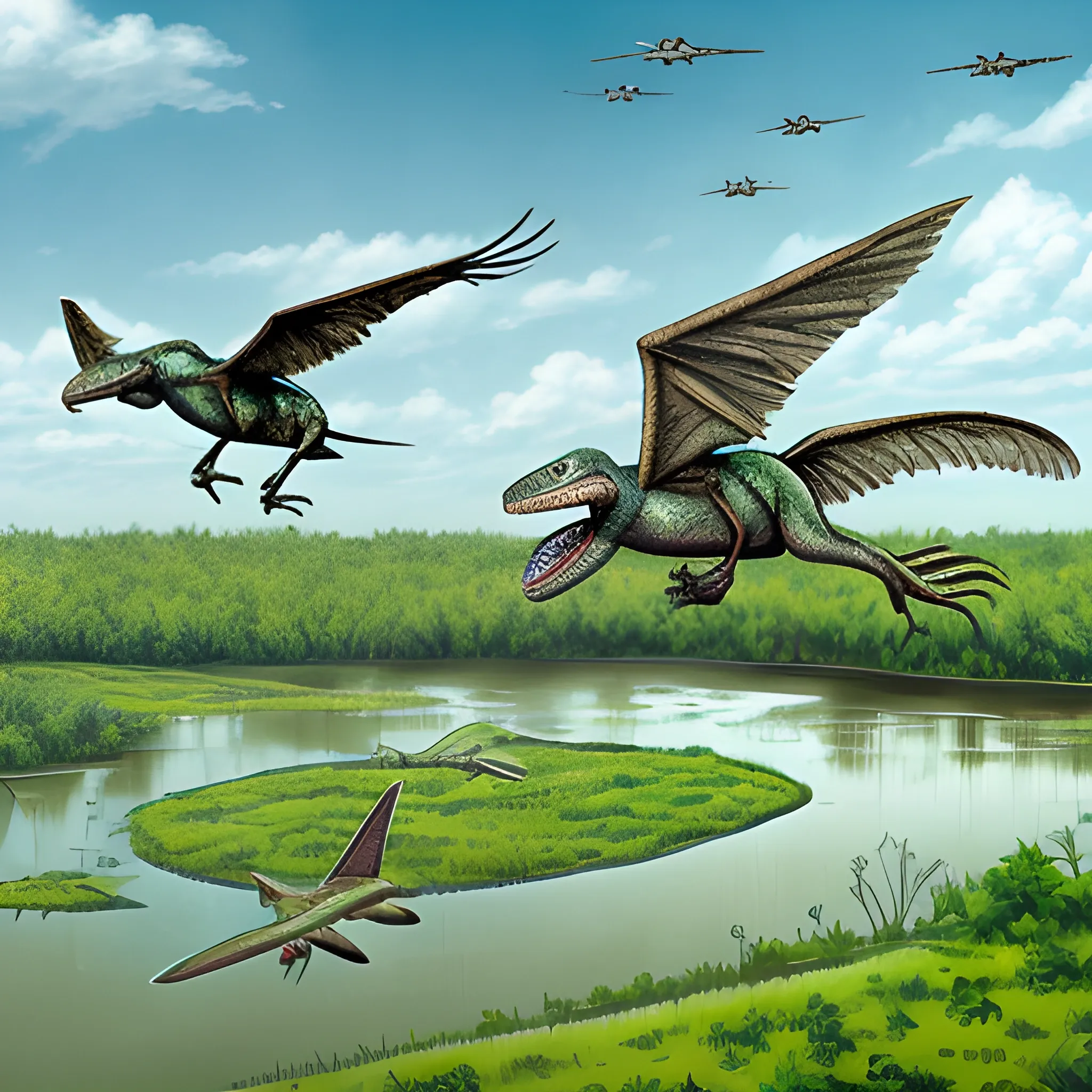 two pterodatcyl from Jurassic Park flying over a swamp, Cartoon