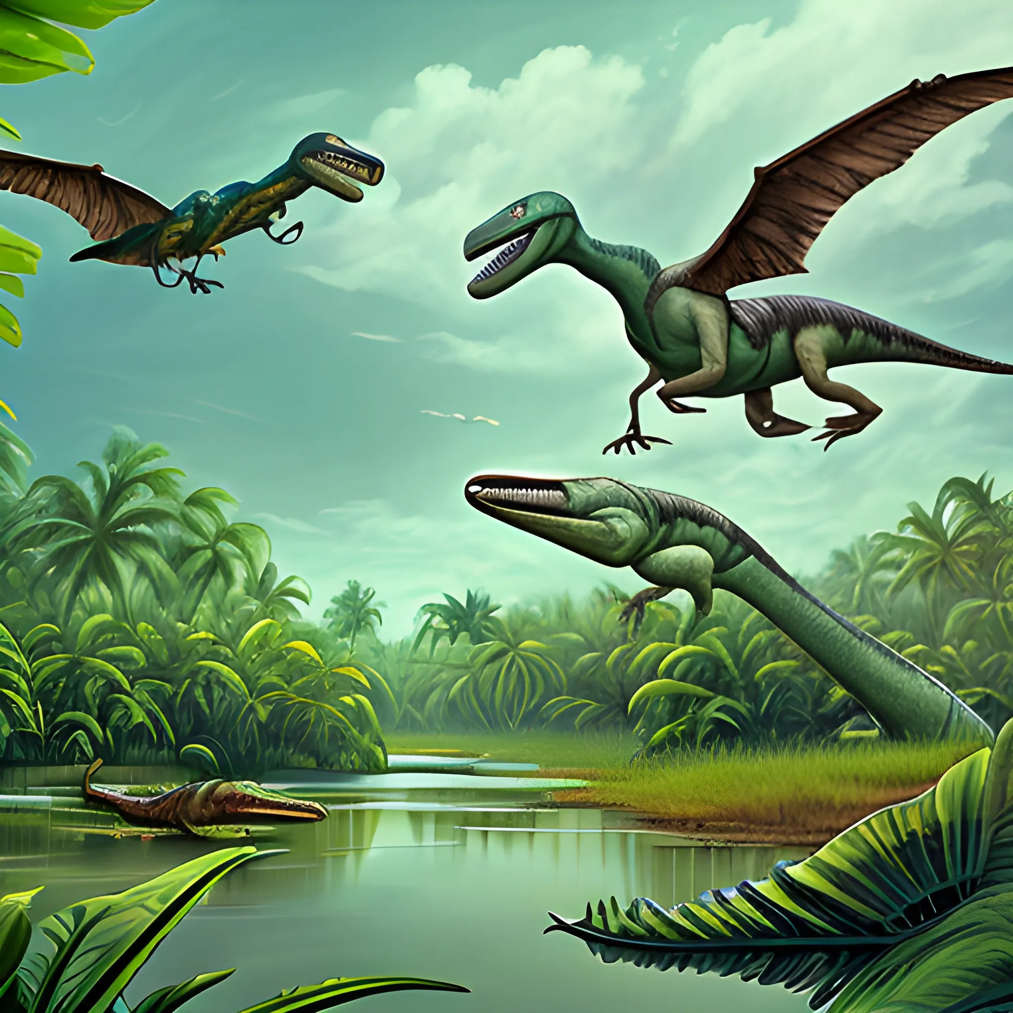 two pterodatcyl from Jurassic Park flying over a swamp, Cartoon