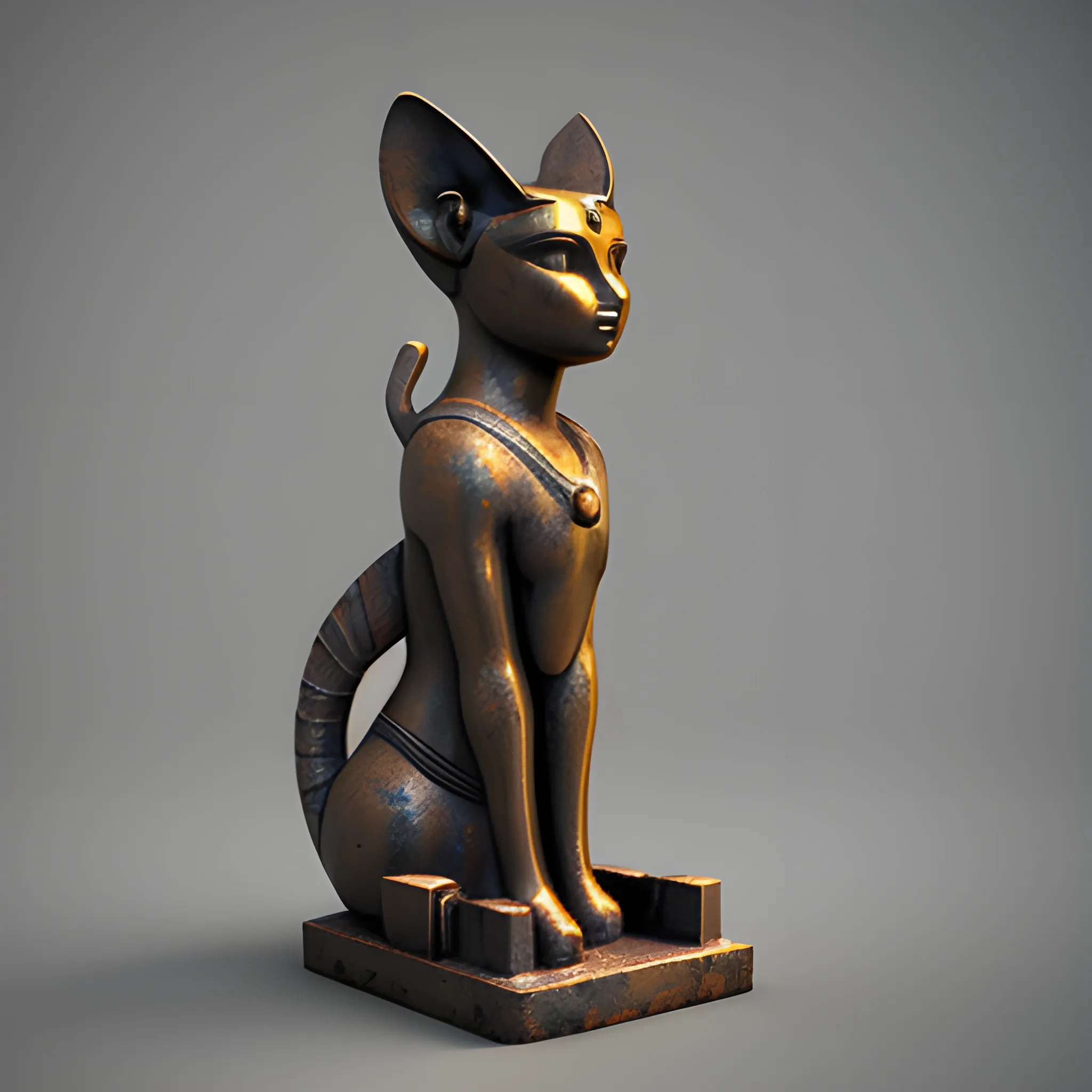 Sculpture of godess Bastet in rusted metal, , 3D ,, high definition