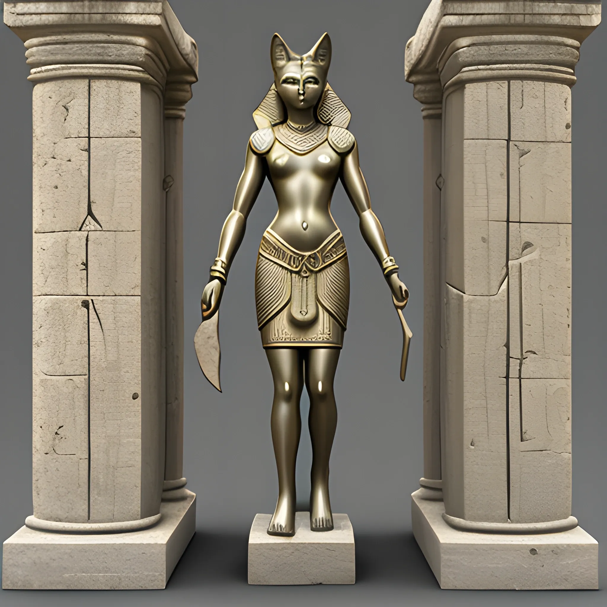 Sculpture full body of godess Bastet in old stone, , 3D ,, high definition