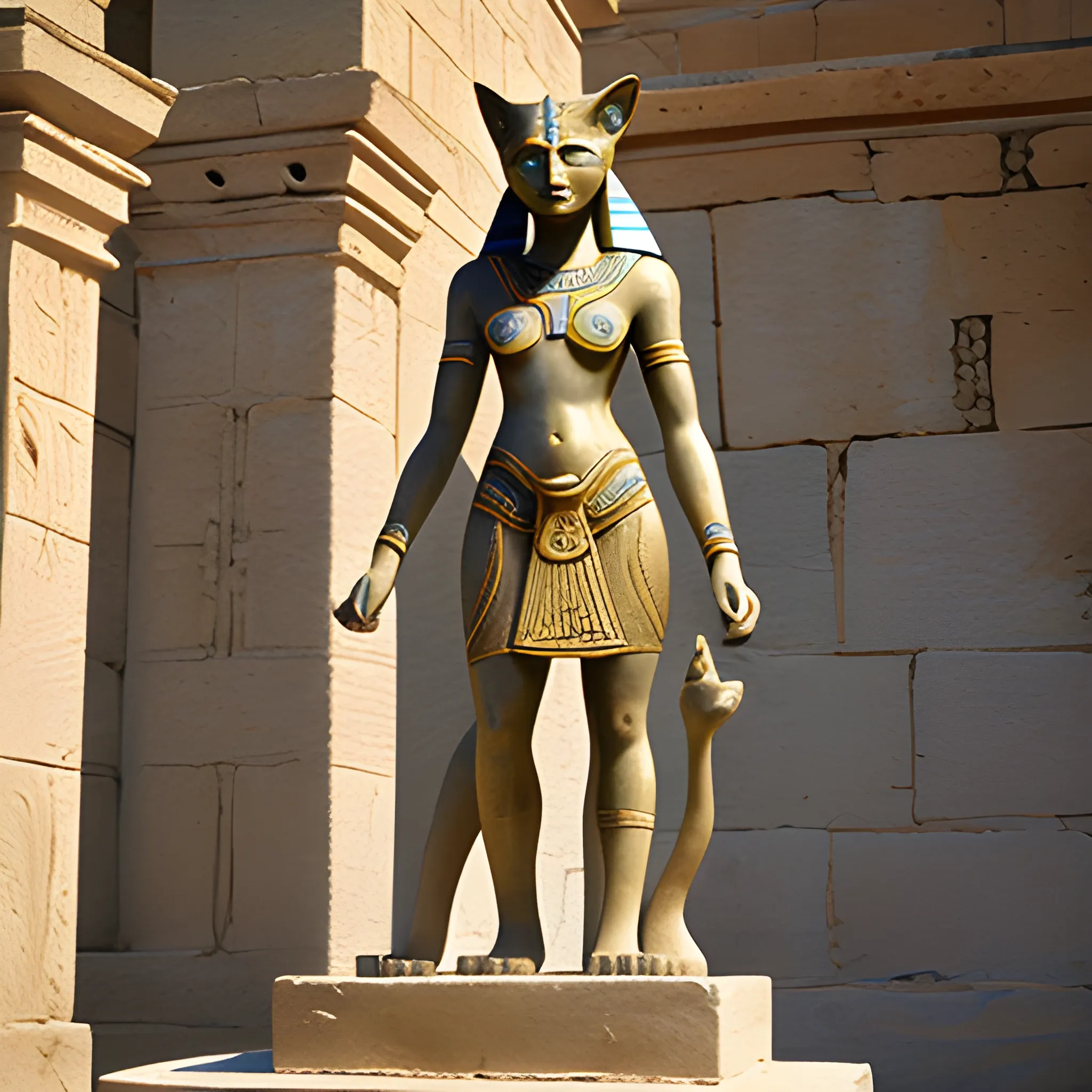 Sculpture full body of godess Bastet in old stone, , ,, high definition, , Water Color