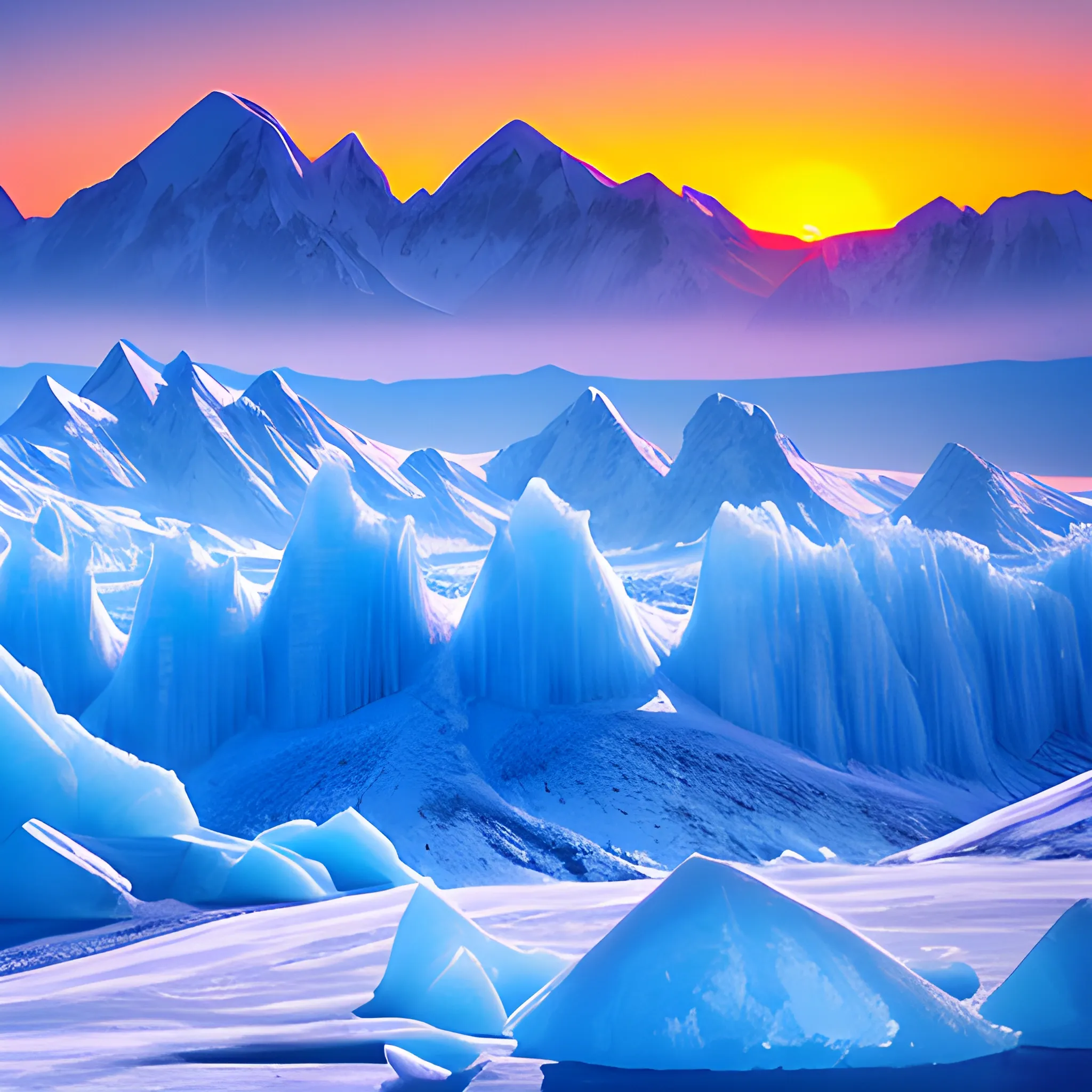 Ice Mountains and Sunset Blue Sky 