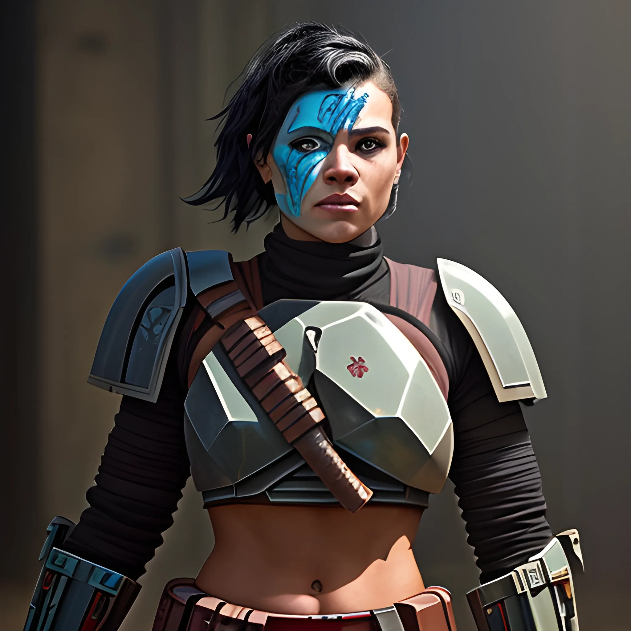 Thalina Drask is a beautiful Mandalorian bounty hunter with an imposing presence. Standing at 5'10", she possesses a lean, athletic build, a testament to her rigorous Mandalorian training. Thalina's hair, jet black and cut short for practicality, frames her face with a rebellious fringe. Her armor, a mix of traditional beskar and modified plates, is battle-worn, adorned with symbols of her victories and personal history. A sense of purpose emanates from her every move, and her gauntleted hands rest confidently on the blasters holstered at her sides.