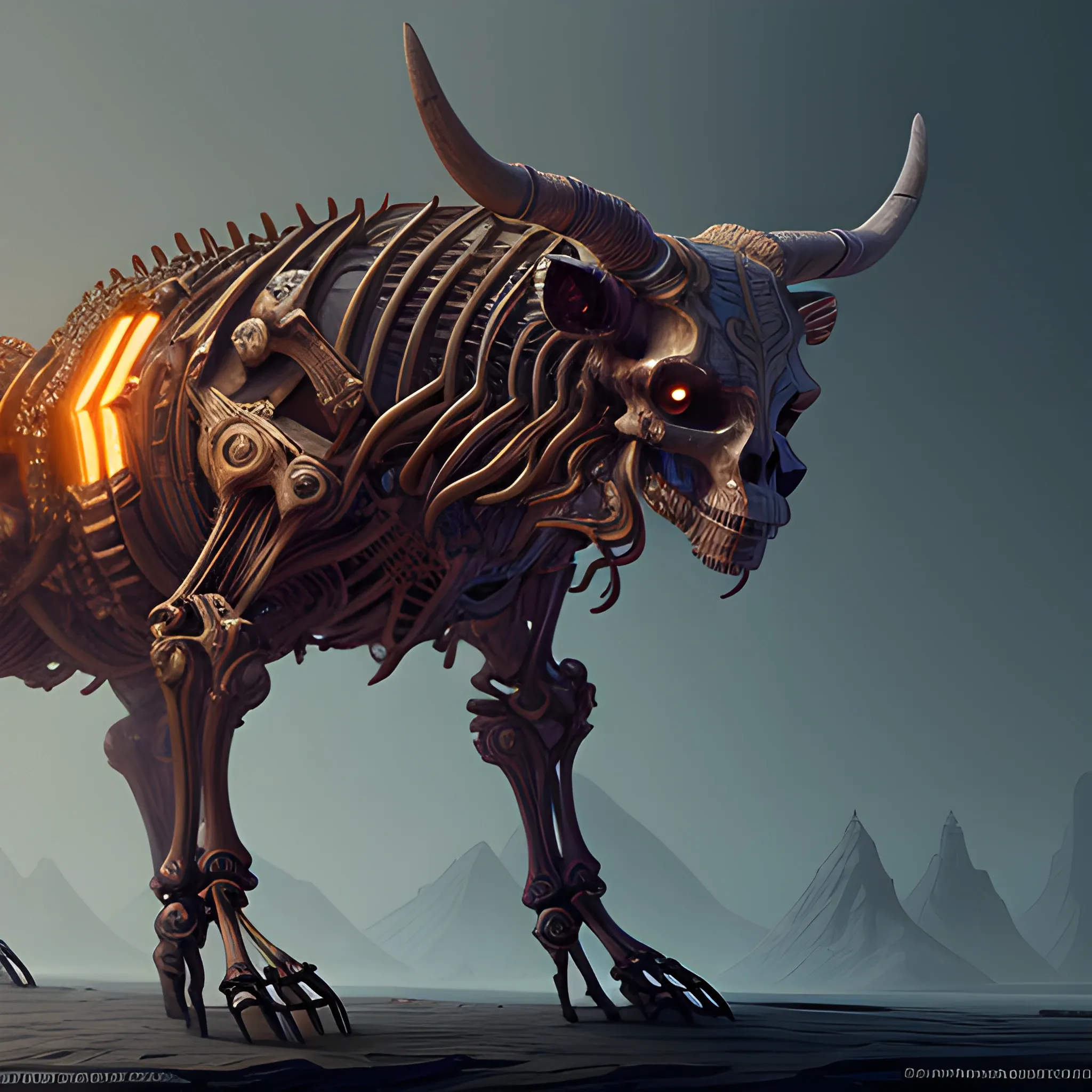 Minotaur skeleton, full body view, 8k, high resolution, high quality, photorealistic, hyperealistic, detailed, detailed matte painting, deep color, fantastical, intricate detail, splash screen, complementary colors, fantasy concept art, 8k resolution trending on Artstation Unreal Engine 5

